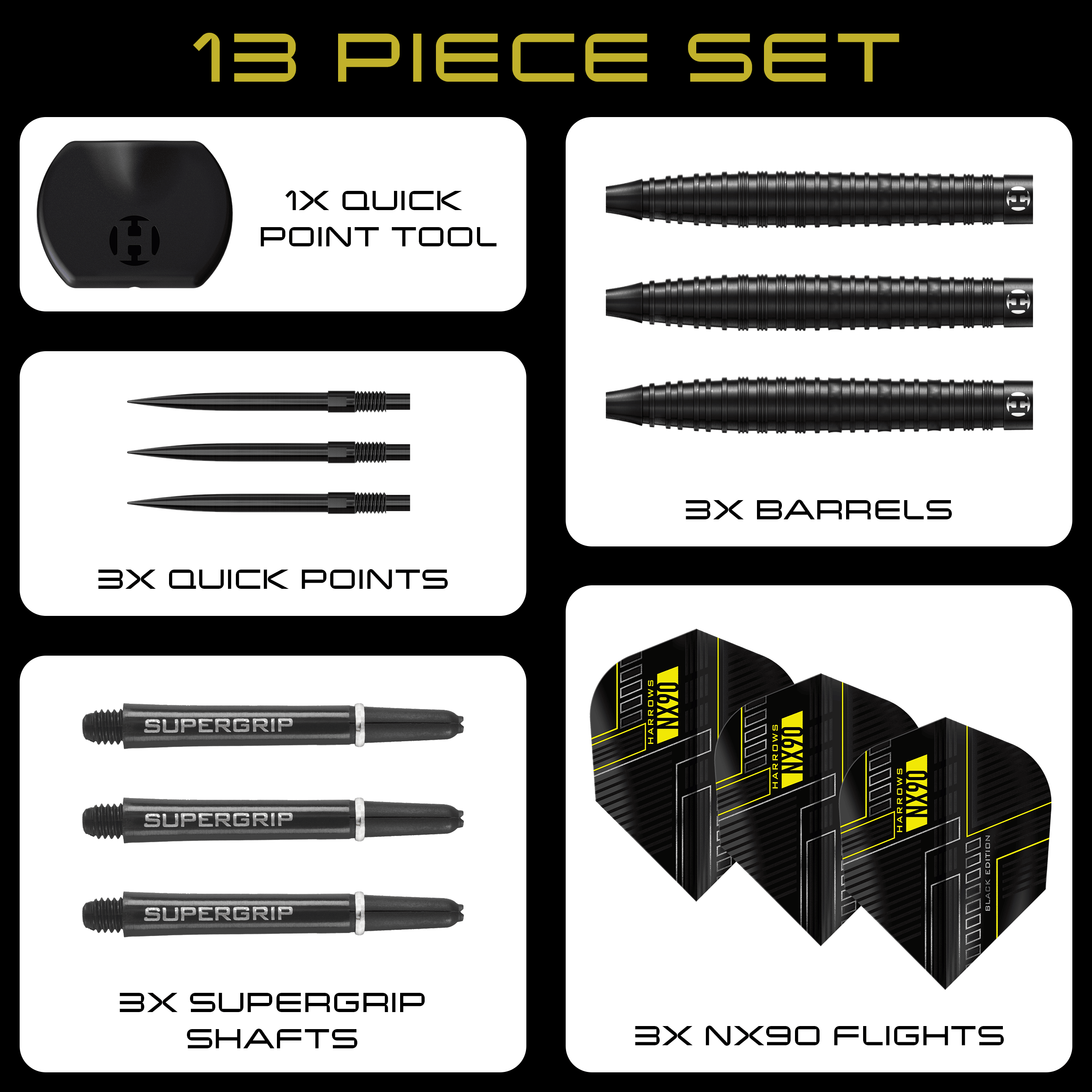 Hier zu sehen sind die Harrows NX90 Black Edition Tapered Quick Point Steeldarts. Die Darts sind schmal zulaufend und haben eine schwarze Oberfläche.