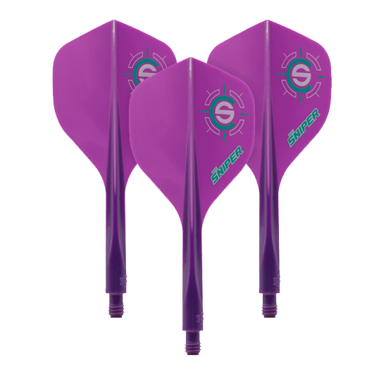 Condor Ax 120 Connor Scutt Sniper Purple Flight System - Standard Das Bild zeigt drei lila Dartflights mit dem Aufdruck "Sniper" und einem Zielsymbol. Es handelt sich um das Produkt "Condor Axe 120 Connor Scutt Sniper Purple Flight-System - Standard".
