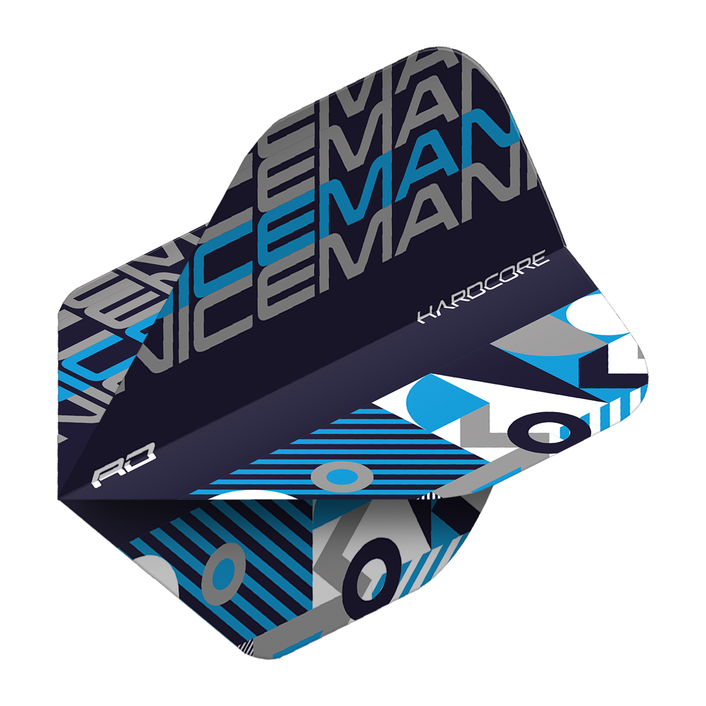 Das Bild zeigt ein Dart-Flight mit der Aufschrift "ICEMAN" in Grau und Blau auf schwarzem Hintergrund. Auf dem Flight sind außerdem geometrische Muster in Blau, Weiß und Grau sowie das Wort "HARDCORE" zu sehen.