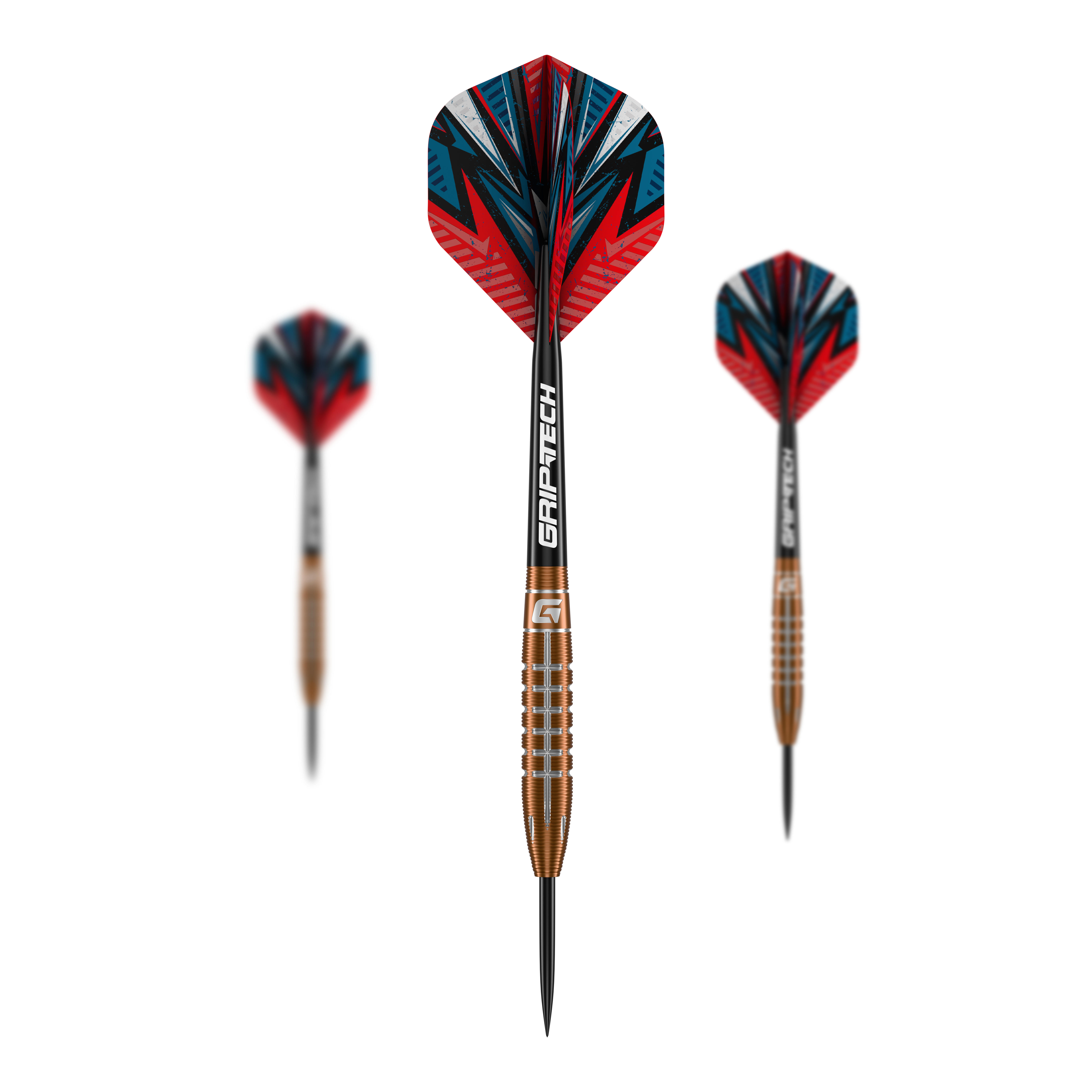 Lotki GOAT Quarterback V2 ze stali wolframowej - 24 g Das Bild zeigt drei GOAT Quarterback V2 Tungsten Steeldarts mit einem Gewicht von 24g. Die Darts haben ein auffälliges, rot-blaues Design und sind mit GRIP-TECH-Schäften ausgestattet.