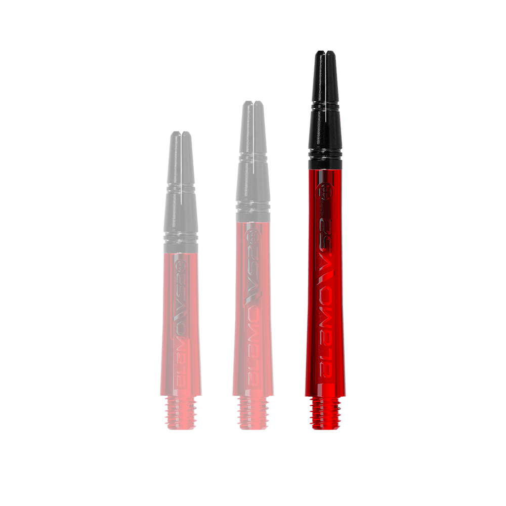 Das Bild zeigt drei Dartshafts in unterschiedlichen Längen. Sie sind rot mit schwarzen Spitzen und Schraubgewinden.