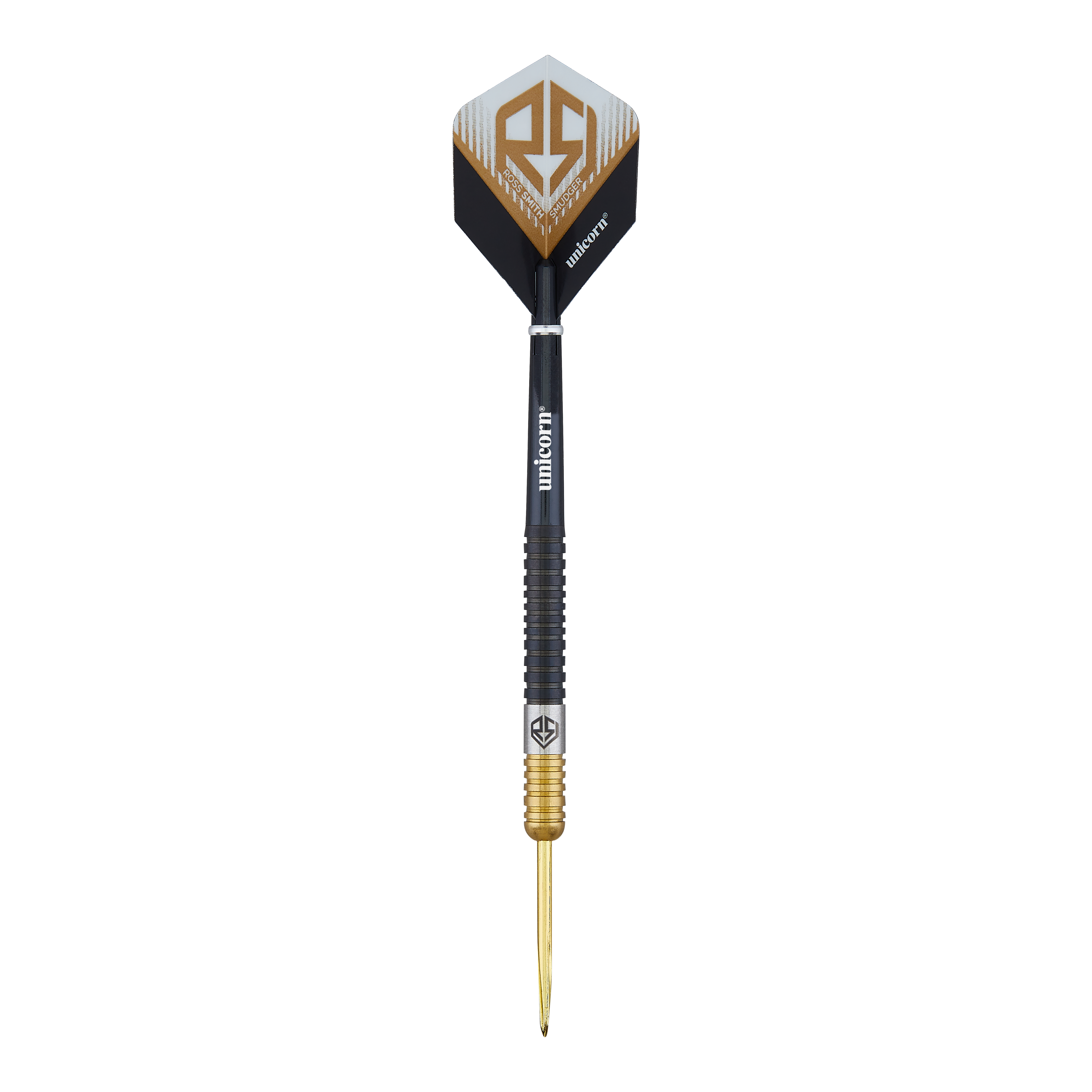 Unicorn Ross Smith Dwukolorowe stalowe lotki Das Bild zeigt einen Steeldart namens "Unicorn Ross Smith Two-Tone". Der Dartpfeil hat ein schwarz-goldenes Design und das Unicorn-Logo auf den Flights.