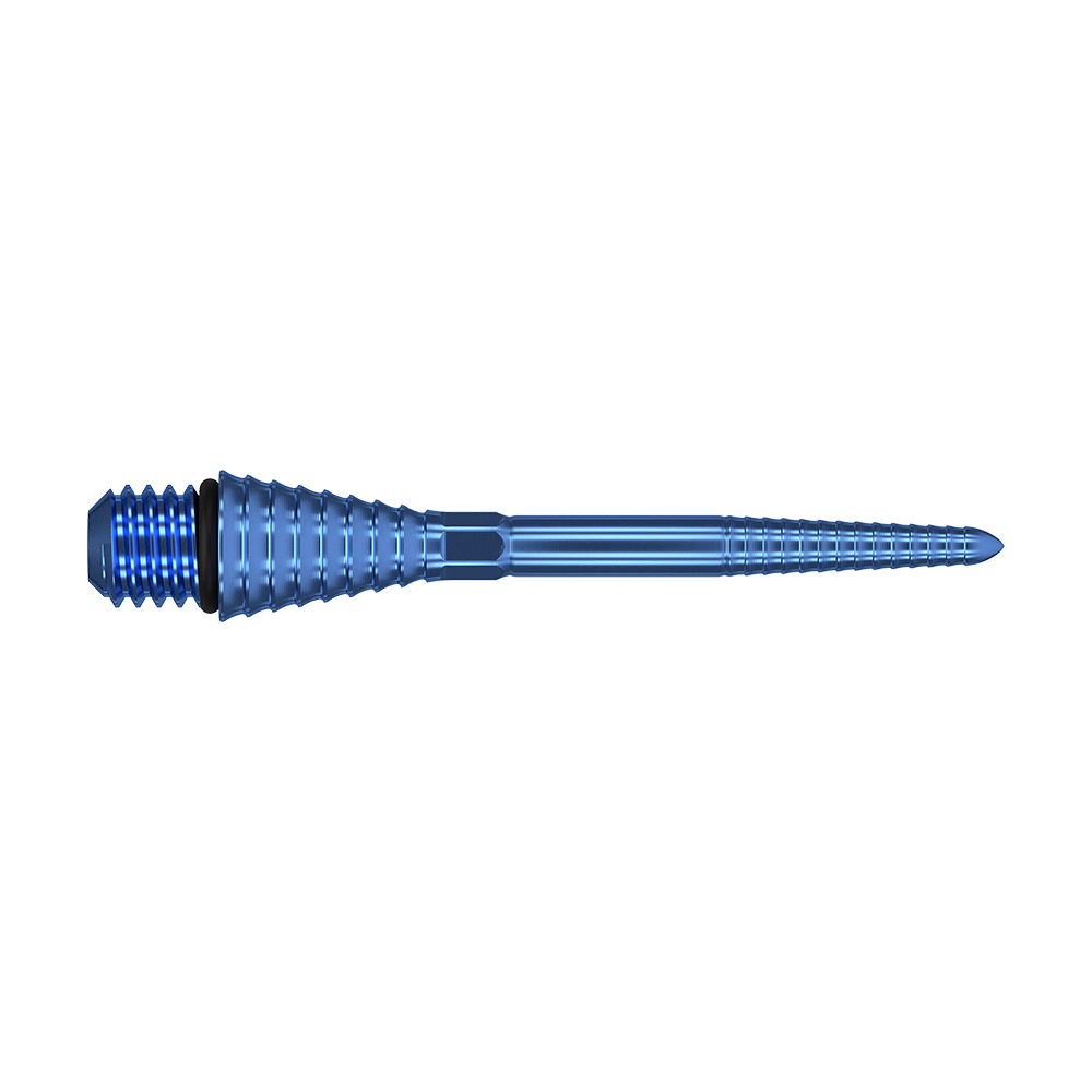 380177_Target_Titanium_Swiss_Point_Grooved_Conversion_Points_Blau_30mm_2 Das Bild zeigt eine blaue, gerillte Titanspitze mit Schraubgewinde. Sie ist lang und schmal mit einer konischen Form und feinen Rillen entlang ihrer Länge.