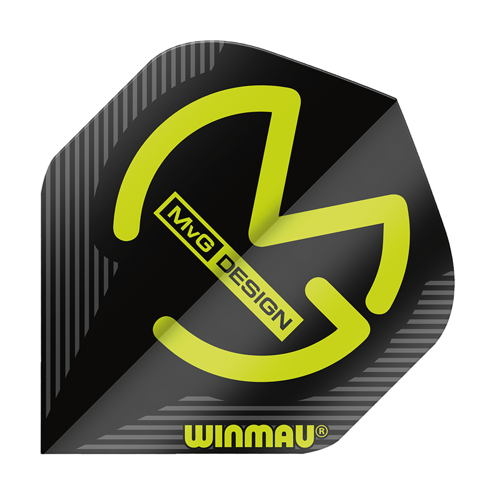 Das Bild zeigt ein Winmau Mega MvG Black Standard Flight in schwarzer Farbe mit gelbem Design. Auf dem Flight stehen die Worte "MvG Design" und "Winmau".