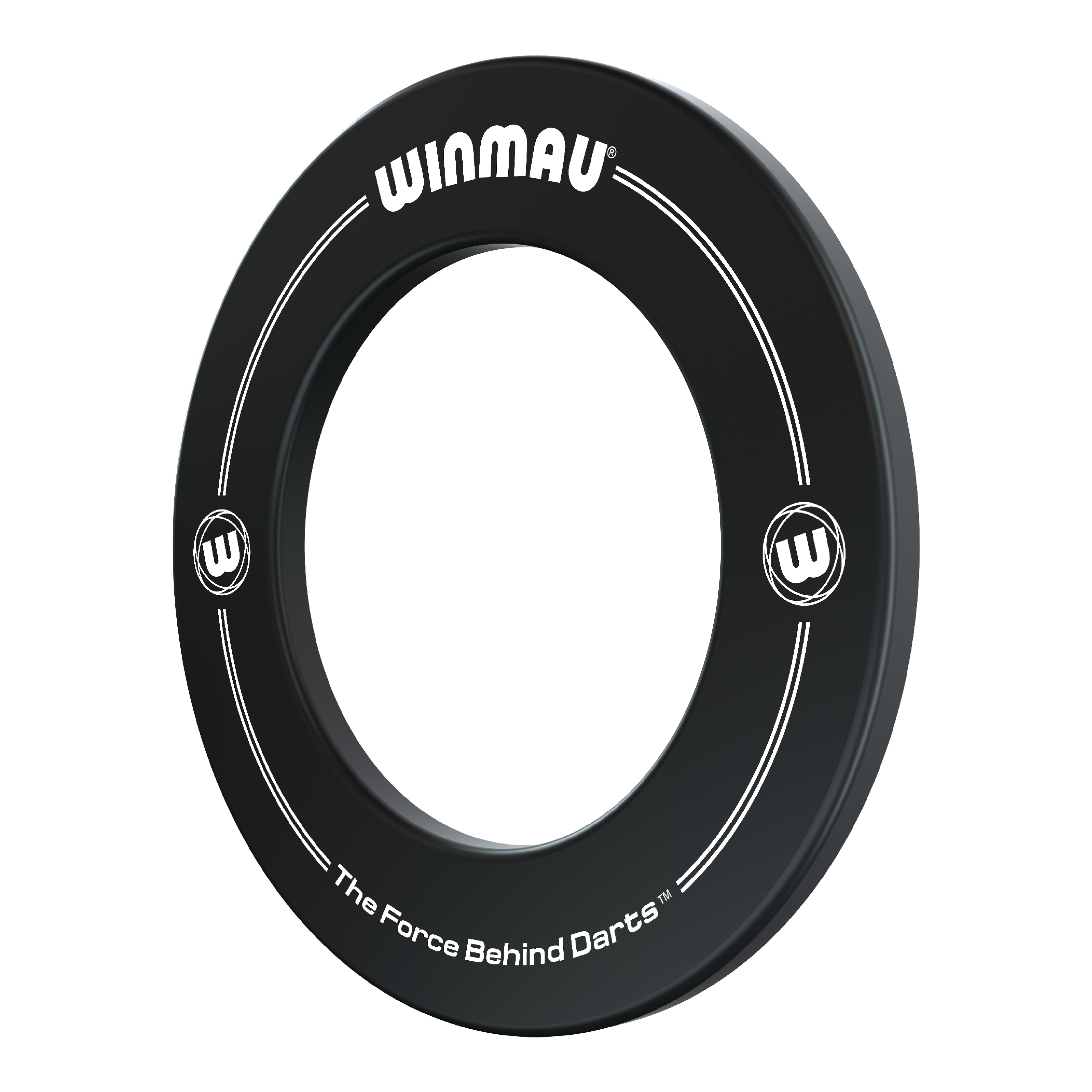 Dies ist ein schwarzer Dartboard-Surround der Marke Winmau. Auf dem Ring steht "The Force Behind Darts" sowie das Winmau-Logo.