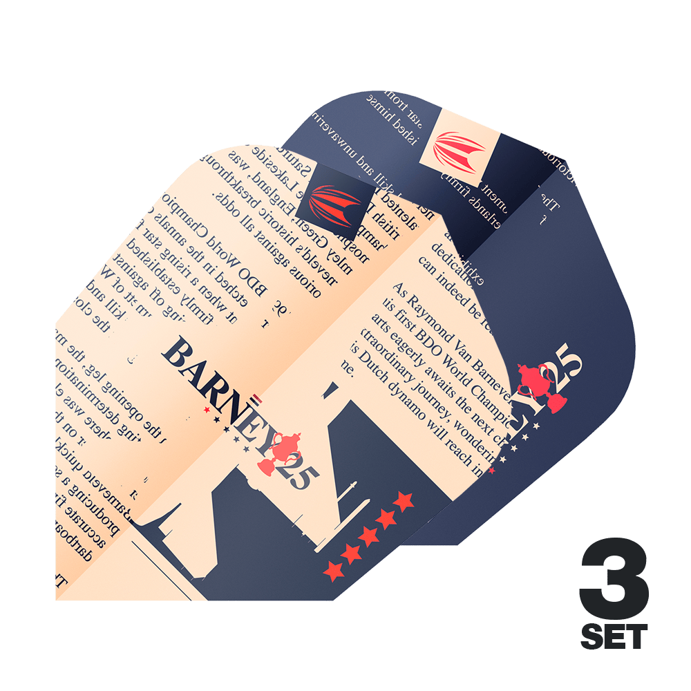 Kieruj na loty ProUltra Raymond Van Barneveld Barney25 Ten-X Das Bild zeigt drei Dart-Flights mit dem Aufdruck "BARNEY25" und einem speziellen Design. Unten rechts steht "3 Set" als Hinweis auf die Anzahl der Sets.