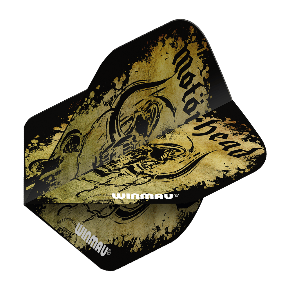 6905-241_Winmau_Motorhead_Acid_Splat_Standard_Flights_21DreJoIxptMVJ Das Bild zeigt das Produkt "Winmau Motorhead Acid Splat Standard Flights". Die Dartflights haben ein auffälliges schwarz-gelbes Design mit dem Schriftzug "Motorhead" und einem künstlerischen Motiv.