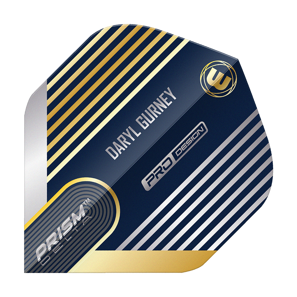 Winmau Prism Delta Daryl Gurney No2 Standard Flights Das Bild zeigt ein Winmau Prism Delta Daryl Gurney No2 Standard Dart Flight. Das Design ist überwiegend dunkelblau mit silbernen und goldenen Streifen und enthält den Namen "Daryl Gurney".