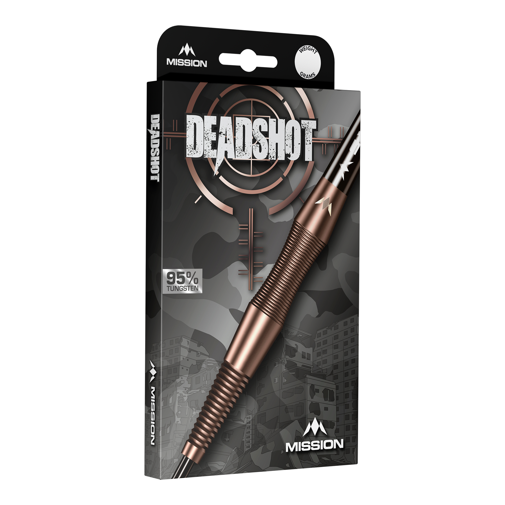 Mission Deadshot Bronze Steeldarts - 23g ist hier abgebildet. Die Darts haben ein elegantes bronzefarbenes Design.