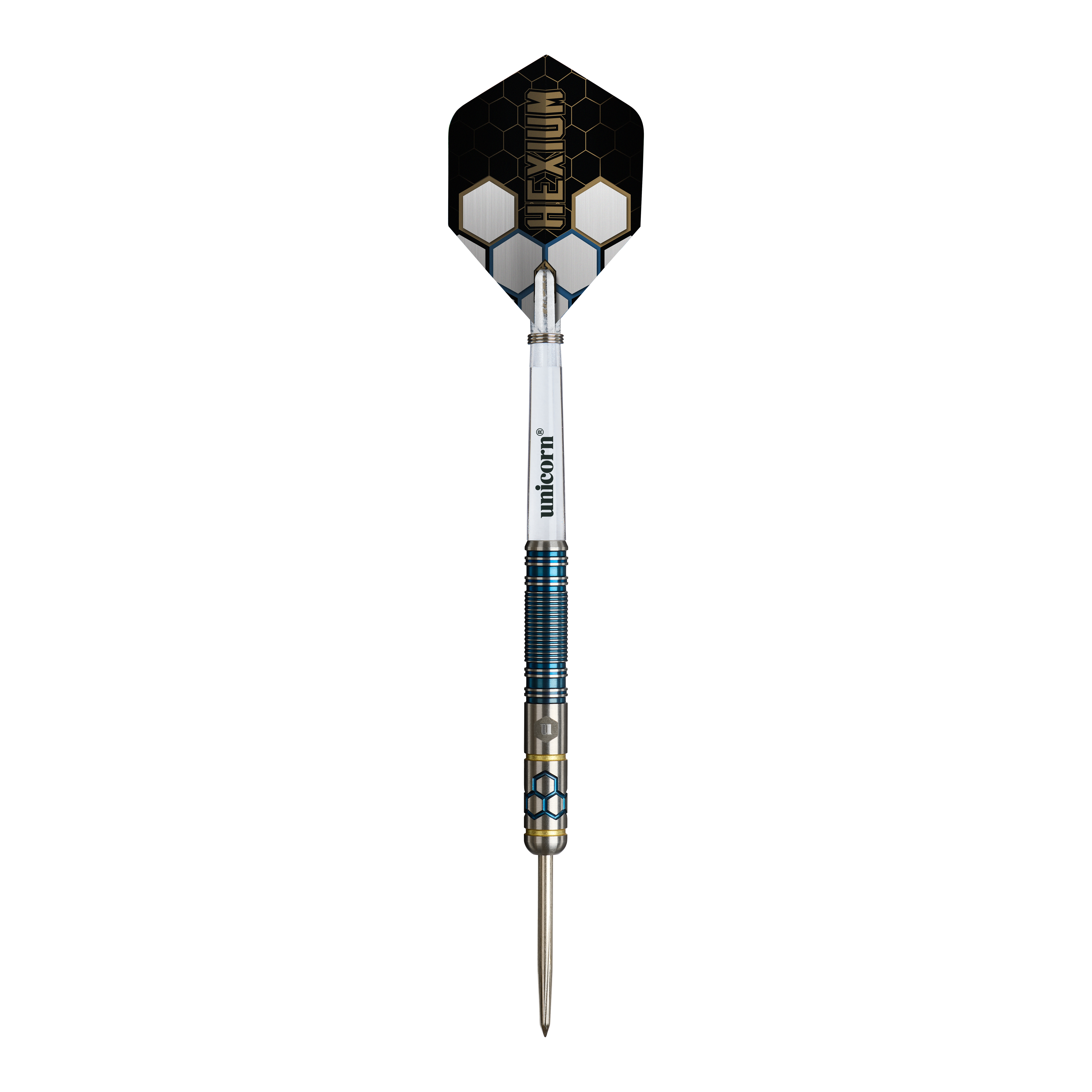 Unicorn Hexium Style 02 Niebieskie i złote Steeldarts Abgebildet sind die Unicorn Hexium Style 02 Blue & Gold Steeldarts. Die Farbkombination aus Blau und Gold ist auffällig.