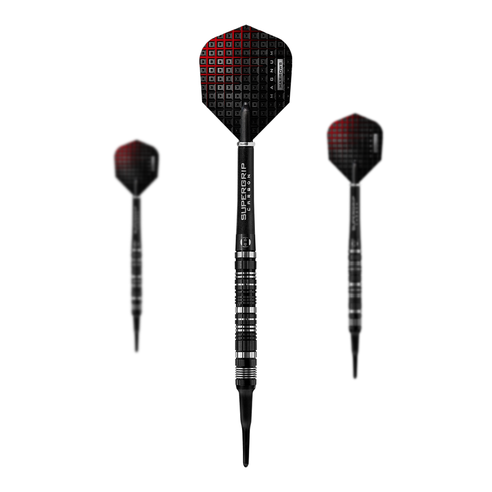Miękkie lotki Harrows Magnum Reloaded Das Bild zeigt drei Harrows Magnum Reloaded Softdarts. Die Darts sind schwarz mit roten Akzenten und haben einen modernen, sportlichen Look.