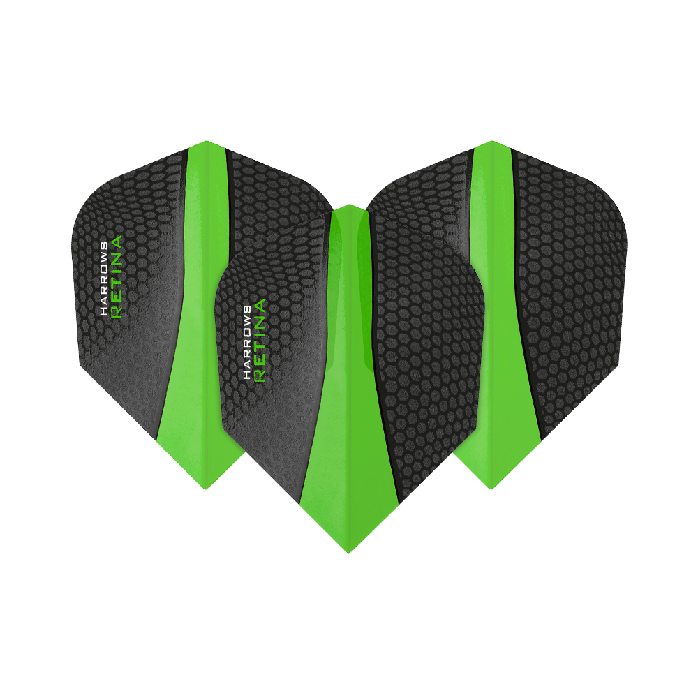 HR5508_Harrows_Retina_Gr-n_No2_Standard_Flights_1AV73P6u6pgubz Das Bild zeigt drei Dart-Flights des Modells "Harrows Retina Grün No6". Die Flights sind schwarz mit einer grünen, mittig verlaufenden Linie und haben eine strukturierte Oberfläche.
