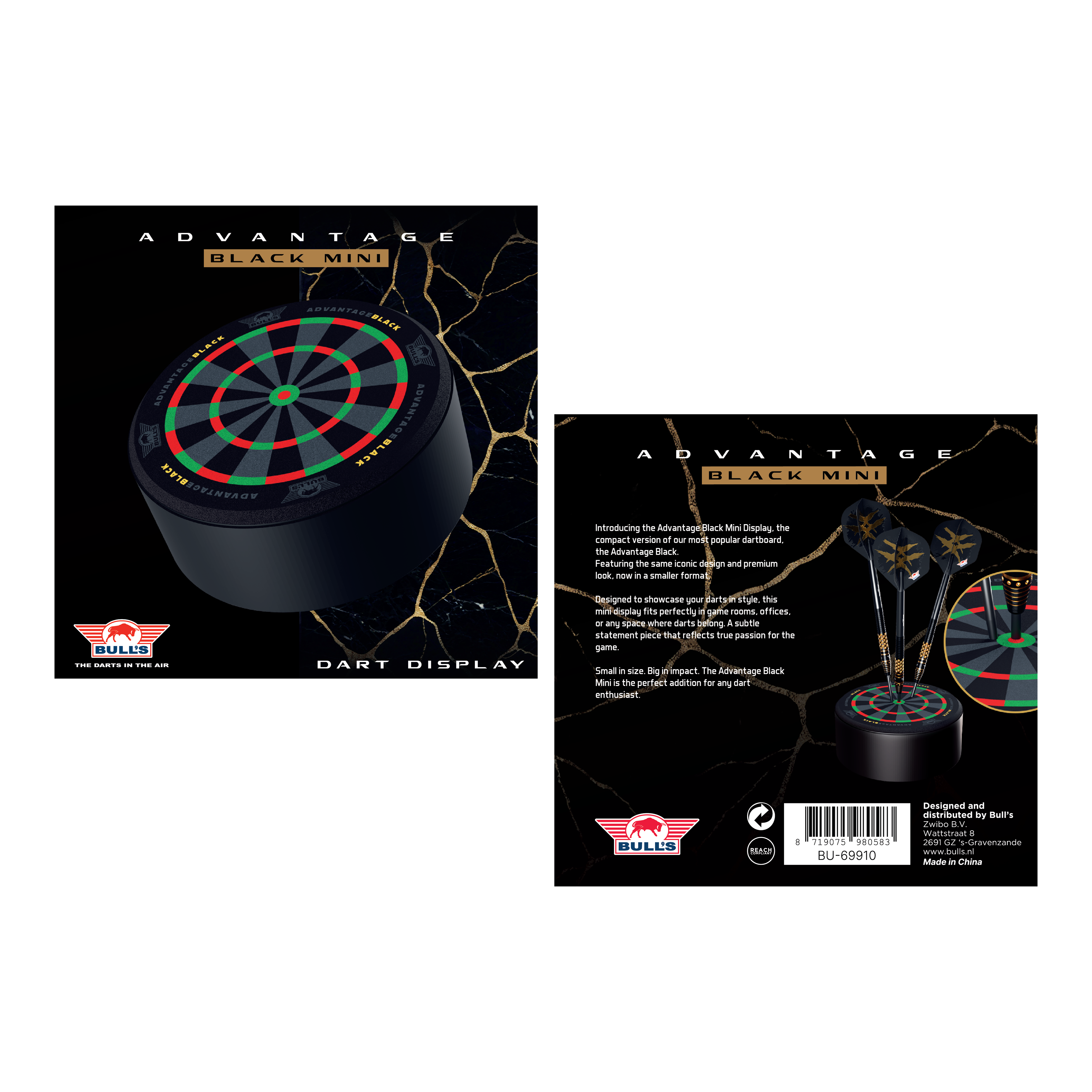 Das Bild zeigt den Bulls NL Advantage Black Mini Dart Display Darthalter. Der Halter ist ideal zur Ausstellung von Mini-Darts.