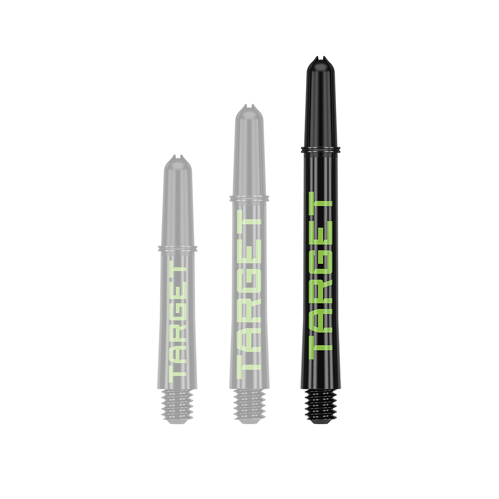 Wałki Target Pro Grip TAG – 3 zestawy – czarno-zielone Ein Dart-Schaft mit auffällig langem Profil ist zu sehen. Die Farbgebung und Oberfläche sind gut erkennbar.