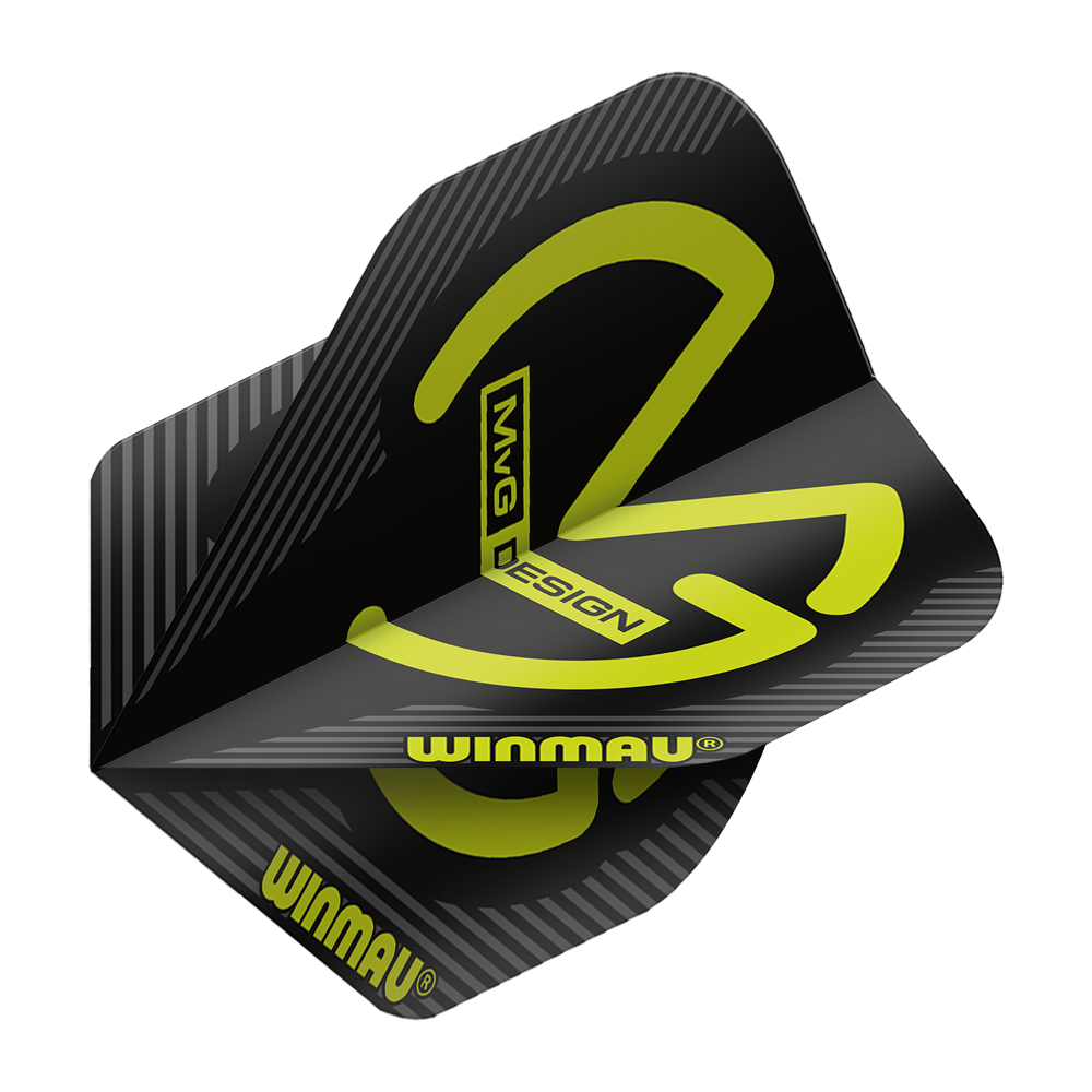 Das Bild zeigt die Winmau Mega MvG Black Standard Flights für Darts. Die Flights sind schwarz mit gelben Akzenten und dem Winmau-Logo versehen.