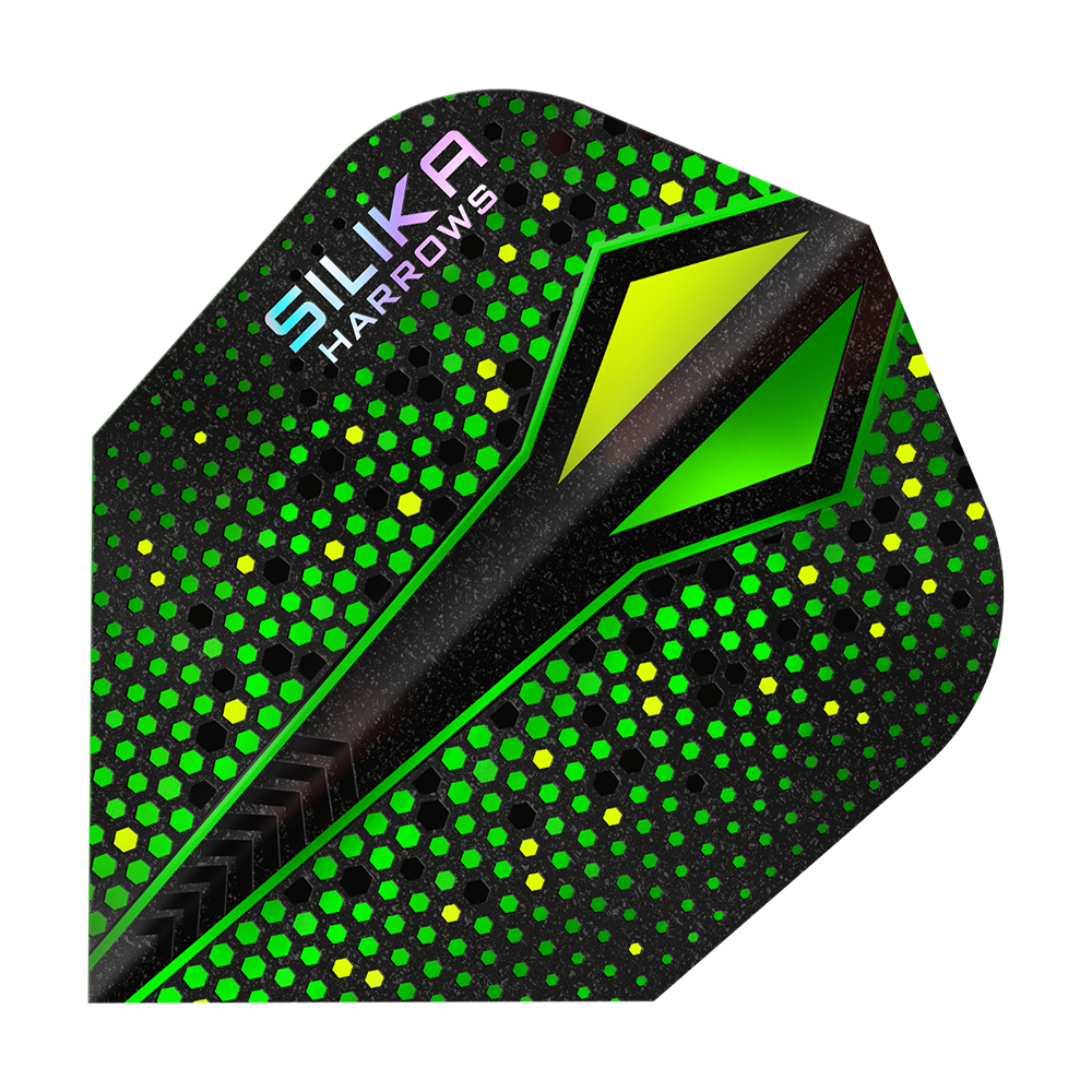 Harrows Silika Colorshift Twarda powłoka krystaliczna Green-X No6 Loty Das Bild zeigt ein Dart Flight mit dem Namen „Harrows Silika Colourshift Tough Crystalline Coating Green-X No6“. Es hat ein auffälliges Design mit grünen und gelben Hexagon-Mustern auf schwarzem Hintergrund.