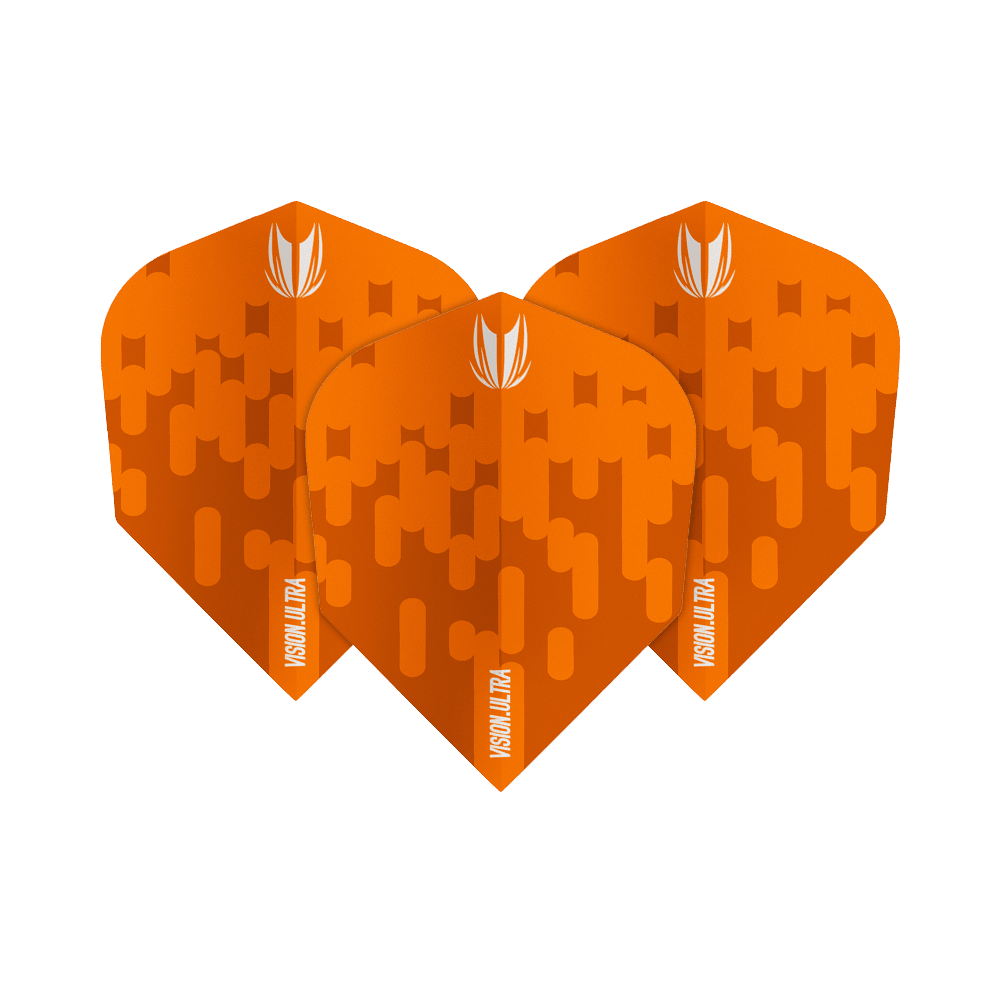 TG61_333810_Target_Vision_Ultra_Orange_Ten-X_Flights_1FJknTlmfgcNnL Das Bild zeigt drei orangefarbene Dartflights mit dem Namen "Target Vision Ultra Orange Ten-X Flights". Sie haben ein abstraktes Muster und ein weißes Logo oben.
