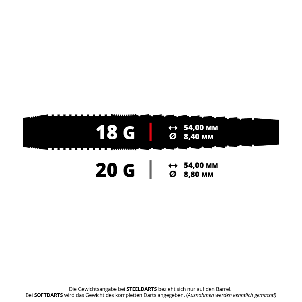 Das Foto stellt die Harrows Nox Premium Brass Softdarts mit einem Gewicht von 18 Gramm dar. Die Darts sind sorgfältig nebeneinander aufgereiht zu sehen.