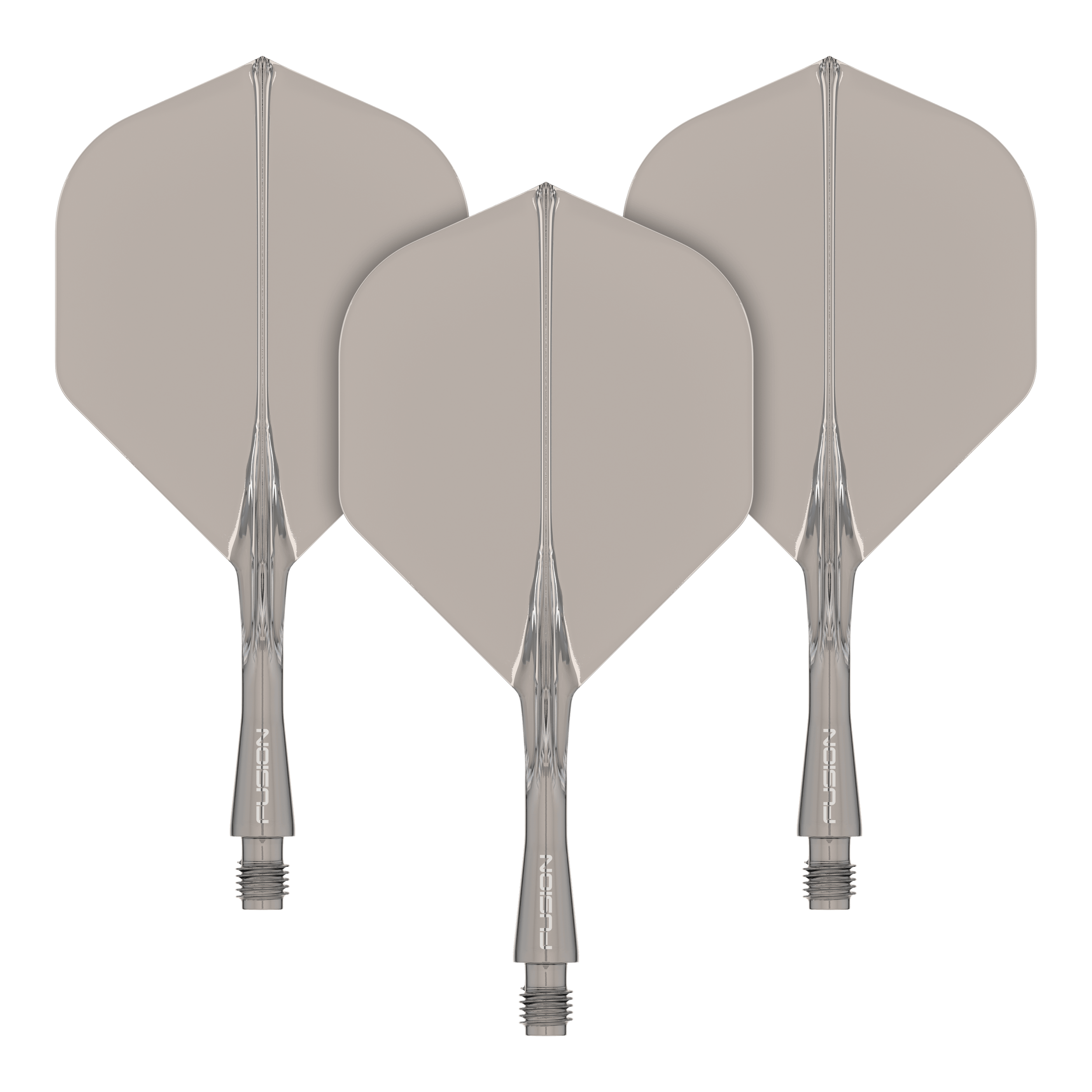 System wałów lotniczych Winmau Fusion Standard Smokey Das Bild zeigt drei graue Dart-Flights mit transparenten Schäften. Sie sind ordentlich nebeneinander angeordnet und haben eine standardisierte Pfeilform.