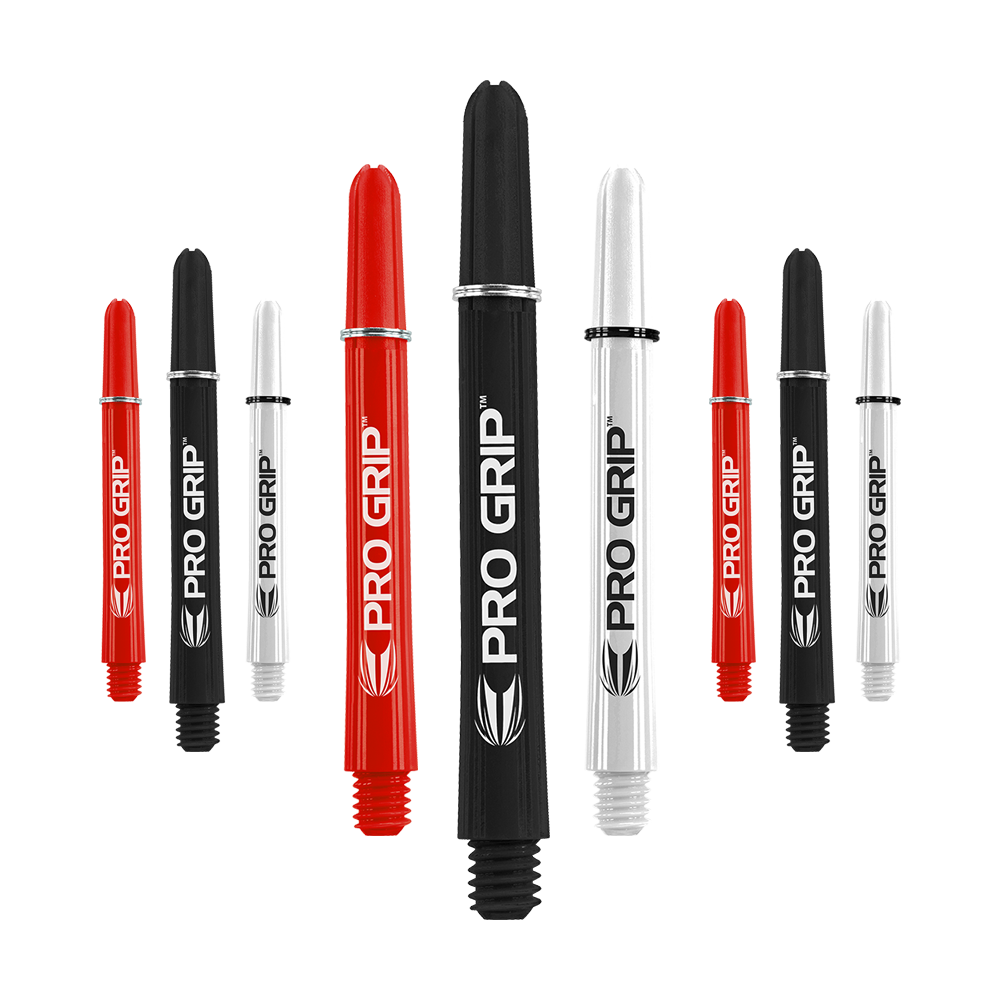 Das Bild zeigt mehrere Dartschäfte in den Farben Schwarz, Weiß und Rot mit der Aufschrift "PRO GRIP". Sie sind in drei Sets angeordnet und haben eine Länge von 48 mm.