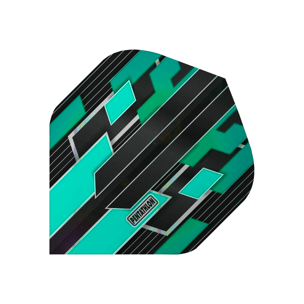 P40_Pentathlon_Gilded_Standard_Flights_T-rkis_1 Das Bild zeigt ein Dartflight mit einem modernen Design in Türkis, Schwarz und Silber. In der Mitte befindet sich das Logo "Pentathlon".