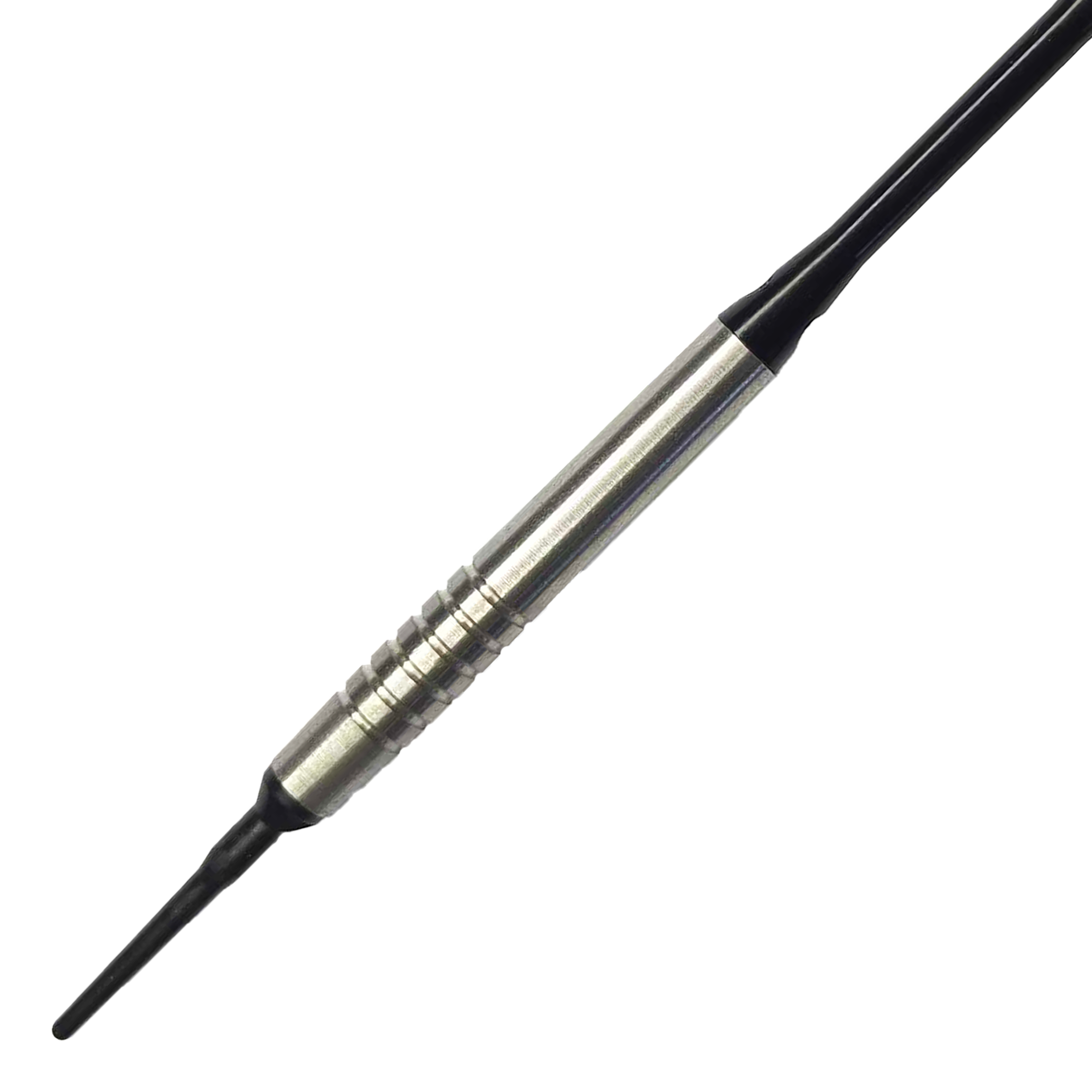 Lotki McDart 85 Tungsten V14 Soft Darts - 17g Auf dem Bild ist ein McDart 85er Tungsten V14 Softdart mit einem Gewicht von 17 Gramm zu sehen. Der Dartpfeil hat einen silbernen, gerillten Schaft und schwarze Spitzen.