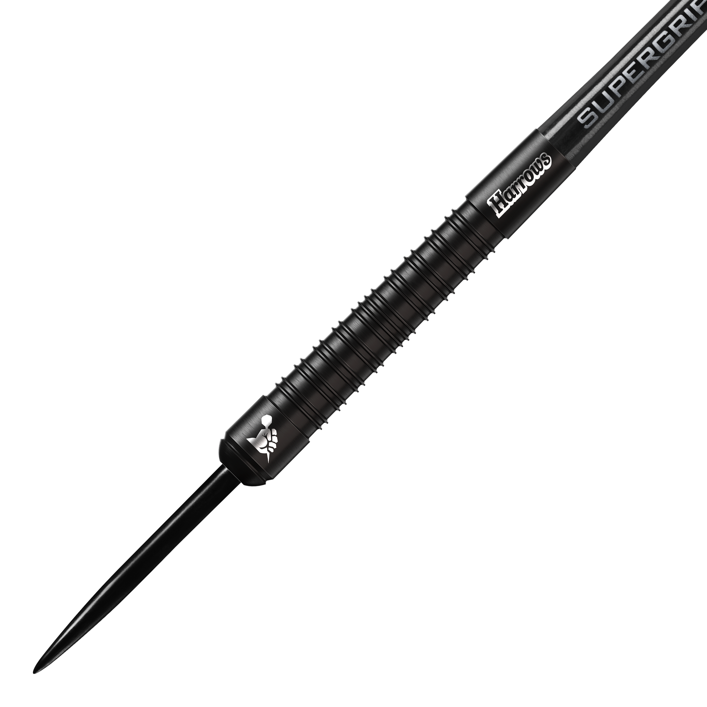 Stalowe lotki Harrows Supergrip Black Edition Das Bild zeigt einen schwarzen Steeldart der Marke Harrows aus der Supergrip Black-Edition. Der Dart hat ein geriffeltes Griffstück und ein elegantes, komplett schwarzes Design.