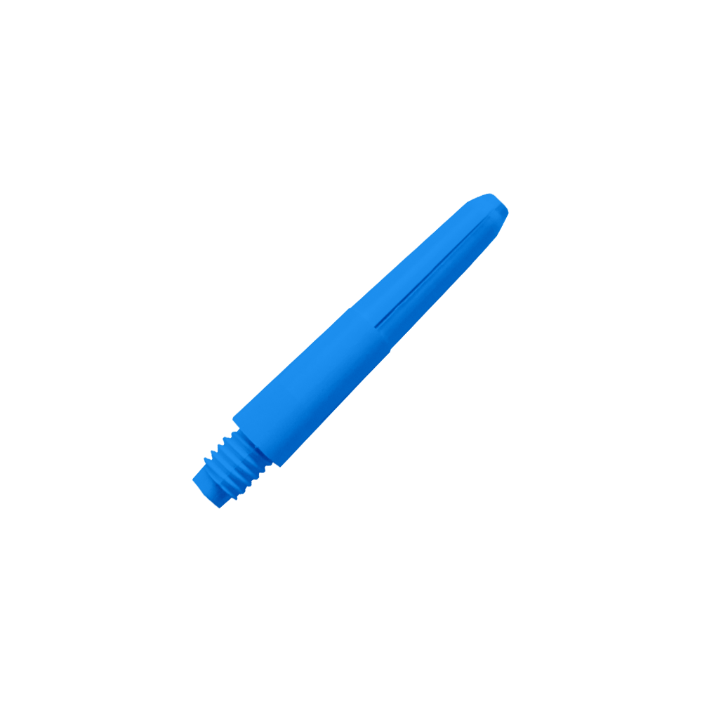Das Bild zeigt einen blauen Nylon-Schaft. Er hat ein Gewinde an einem Ende und ist glatt und länglich geformt.