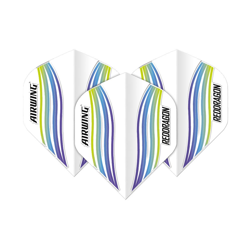 Standardowe loty Red Dragon Airwing Blue Wave Das Bild zeigt drei Dart-Flights des Produkts "Red Dragon Airwing Blue Wave Standard Flights". Die Flights sind weiß mit blauen, grünen und gelben Wellenlinien und tragen die Aufschrift "AIRWING" und "RED DRAGON".
