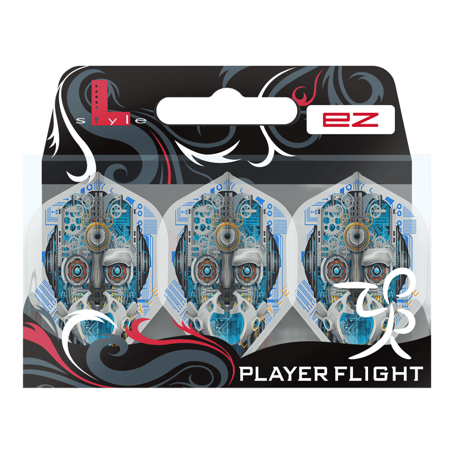 Das Bild zeigt eine Verpackung mit drei weißen Dart-Flights namens "L-Style Berry Van Peer V3 Clear White L1EZ". Die Flights haben ein futuristisches Design mit einem Roboter-Gesicht auf jedem Flight.