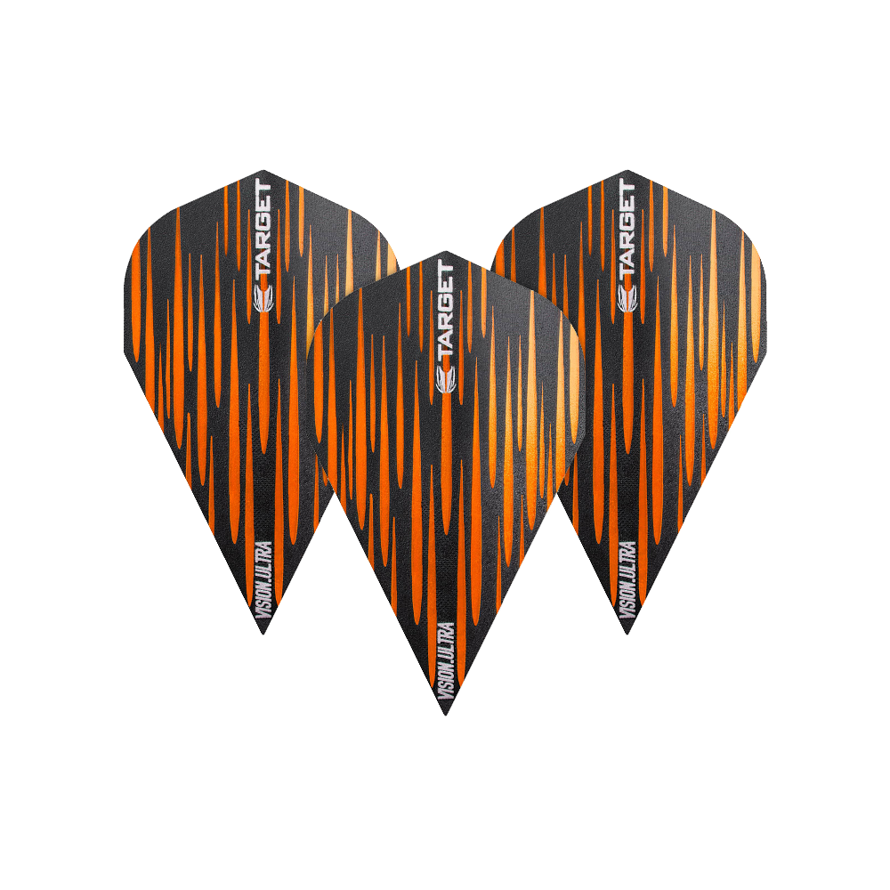 Das Bild zeigt drei Dart-Flights des Produkts „Target Vision Ultra Spectrum Orange Vapor Flights“. Sie sind schwarz mit orangefarbenen Streifen und haben den Schriftzug „TARGET“ sowie „VISION ULTRA“ aufgedruckt.