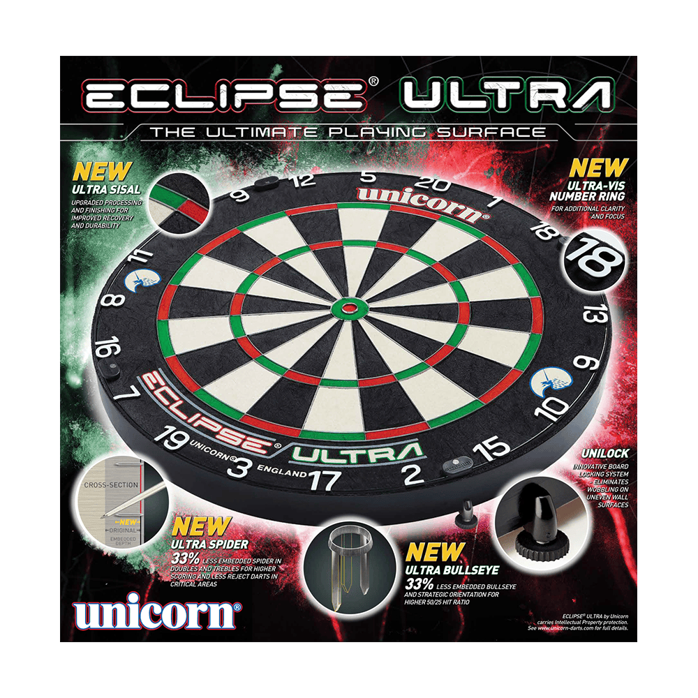 Stalowa tarcza do darta Unicorn Eclipse Ultra Das Bild zeigt das Produkt "Unicorn Eclipse Ultra Steeldartboard" in seiner Verpackung. Es hebt neue Features wie Ultra Sisal, Ultra Spider und Ultra Bullseye hervor.