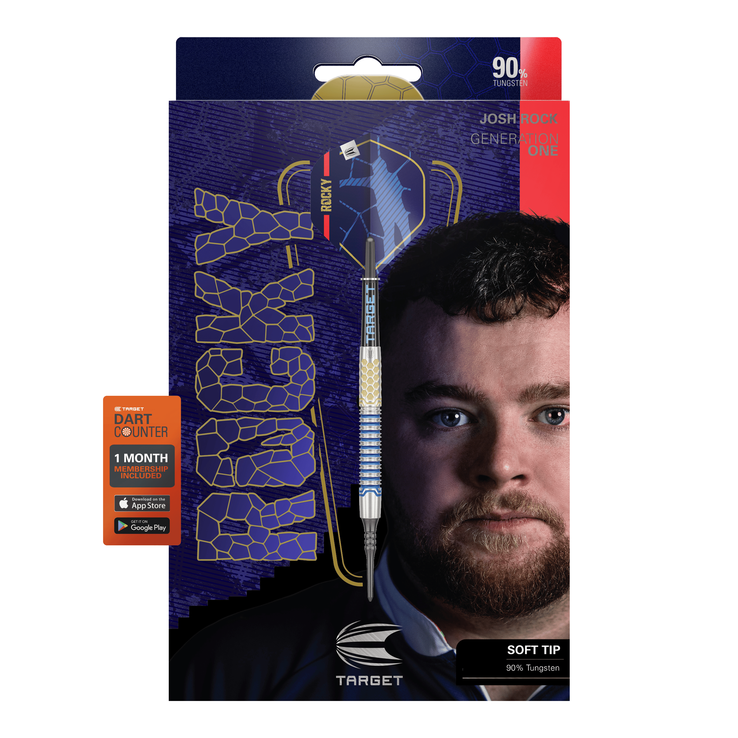 Target Josh Rock GEN1 Miękkie lotki - 20g Die Abbildung zeigt die Softdarts "Target Josh Rock GEN1" mit einem Gewicht von 20g. Auf der Verpackung ist ein Porträt eines Mannes sowie die Angabe "90% Tungsten" und "SOFT TIP" zu sehen.