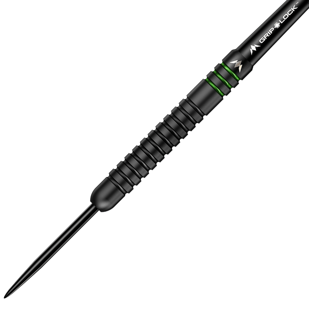 M001325_Mission_Martin_Lukeman_Black_Titanium_Steeldarts_2 Das Bild zeigt einen Mission Martin Lukeman Black Titanium Steeldart mit einem Gewicht von 25g. Der Dart ist schwarz und hat grüne Akzente sowie eine gerillte Griffzone.