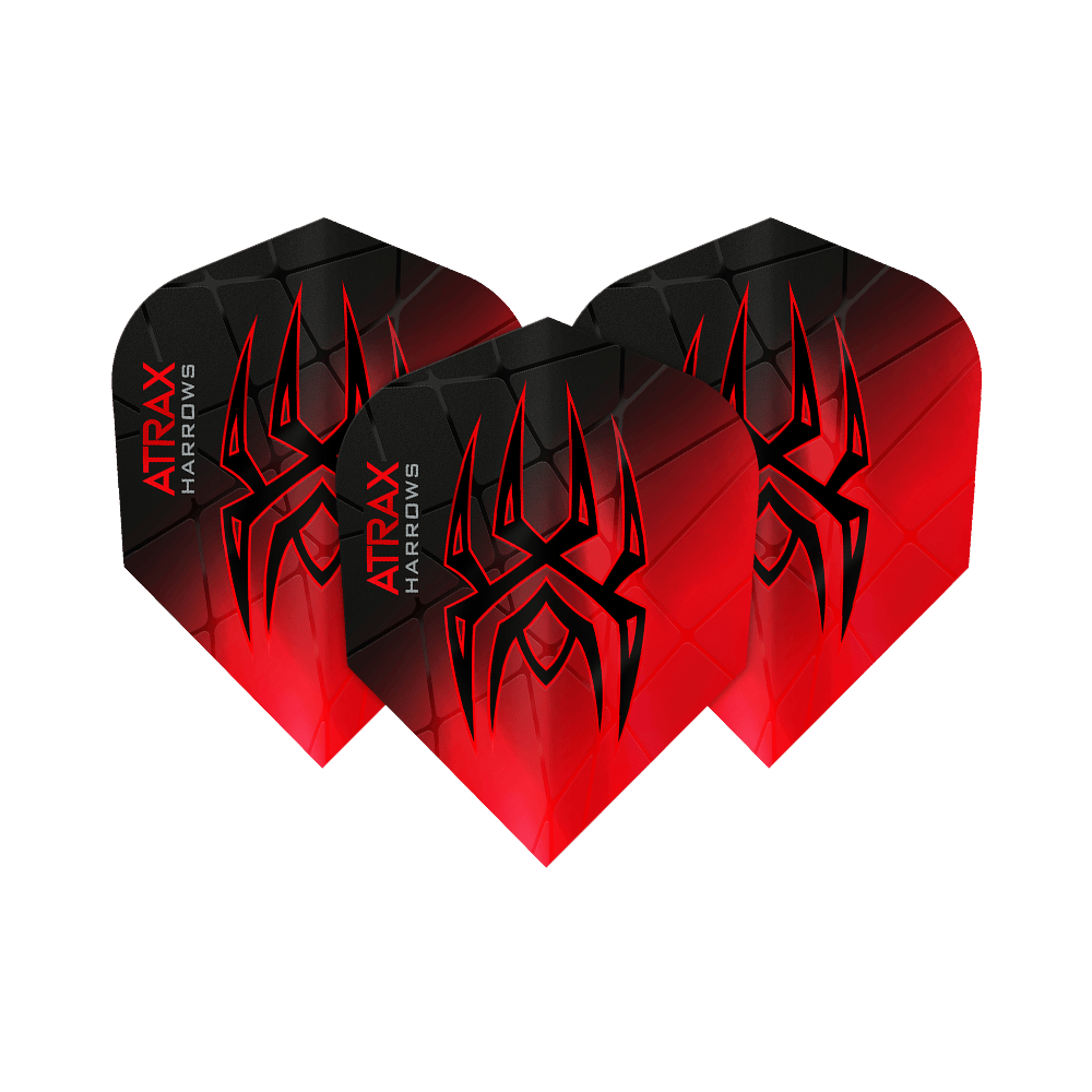 Loty Atrax Prime No6 Harrowa Das Bild zeigt drei Harrows Atrax Prime No6 Flights in Schwarz und Rot mit einem markanten Spinnennetz-Design. Auf jedem Flight steht der Name "Atrax Harrows" an der Seite.