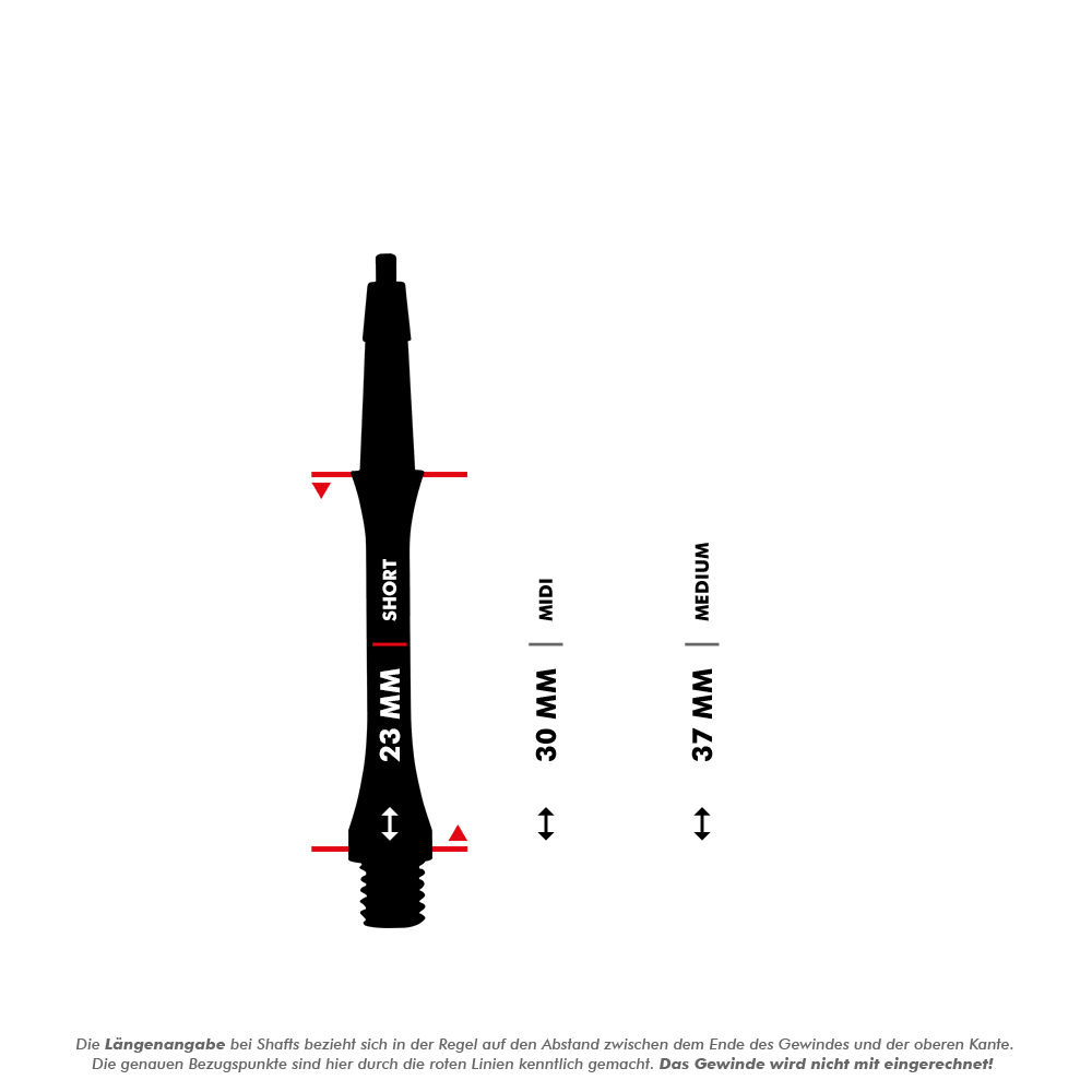 HRC-12602_Harrows_Clic_Slim_Shafts_White_5_23mmSPFkSTLdz8ayC Das Bild zeigt die Harrows Clic Slim Shafts in Schwarz mit drei verschiedenen Längenoptionen: Short (23 mm), Midi (30 mm) und Medium (37 mm). Die roten Linien markieren die Messpunkte für die Längenangabe, das Gewinde wird dabei nicht mitgerechnet.