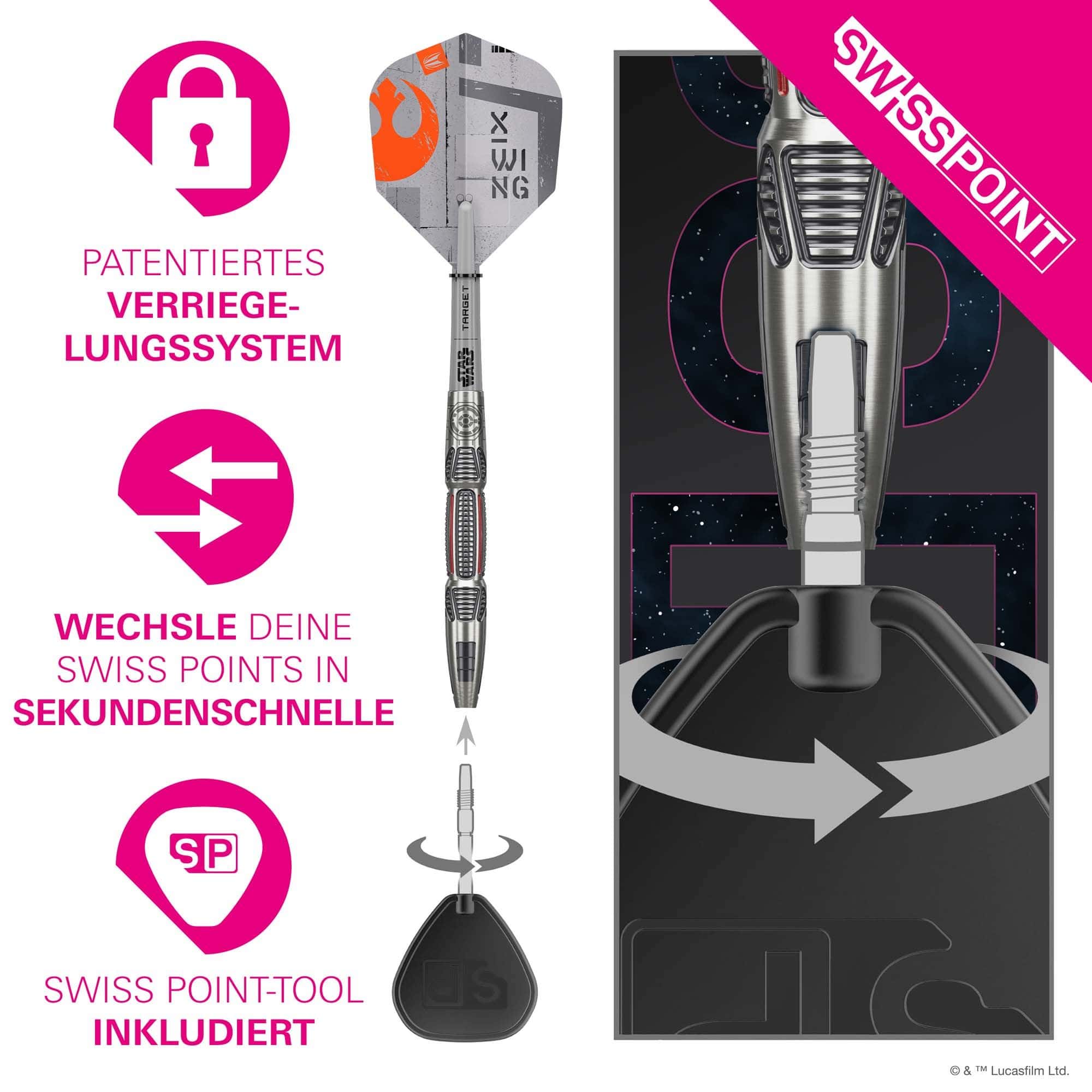 Stalowe lotki Swiss Point firmy Target Star Wars X-Wing Target Star Wars X-Wing Swiss Point Steeldarts sind abgebildet. Das Produkt ist inspiriert von Star Wars und in einem speziellen Design gestaltet.