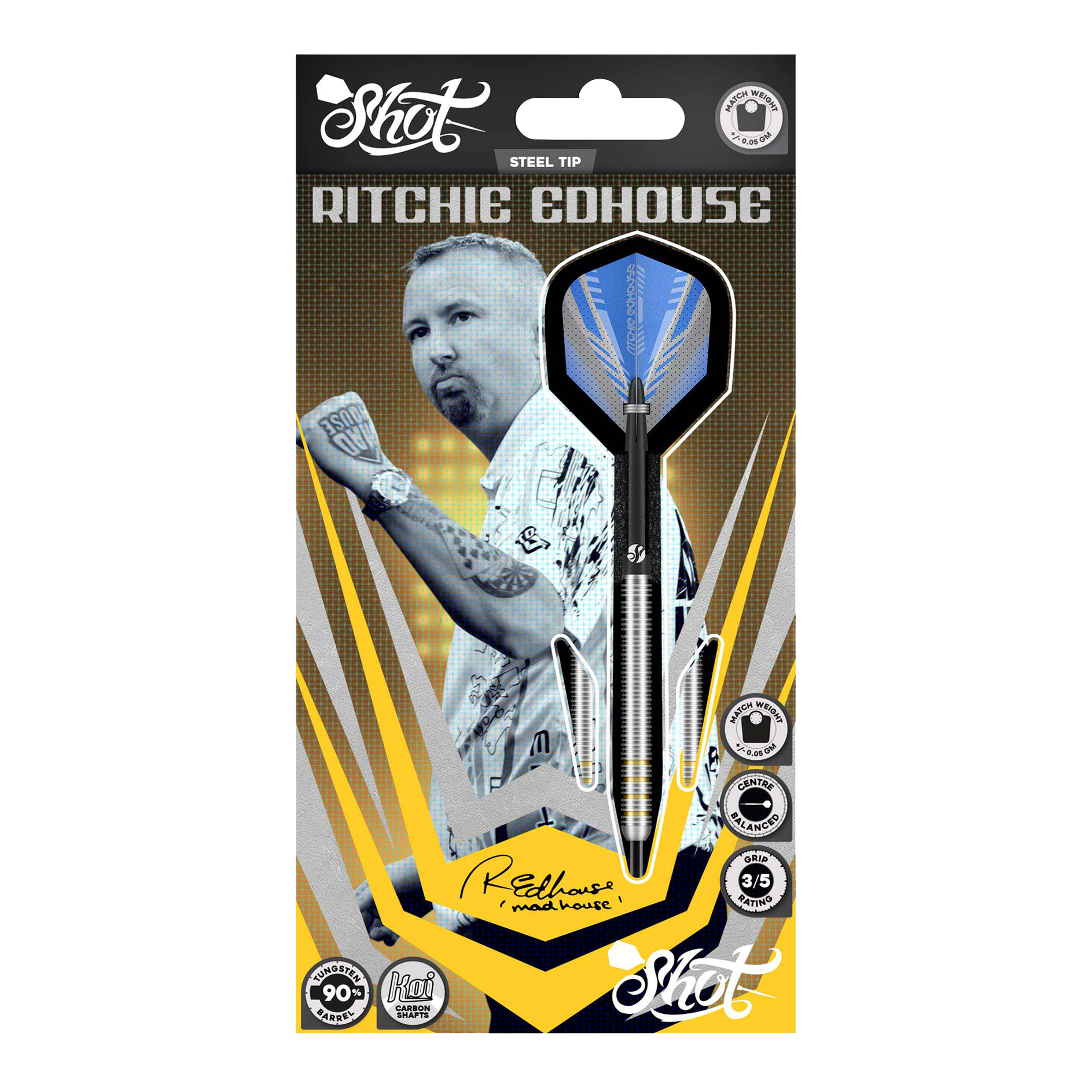 Das Bild zeigt die Shot Ritchie Edhouse Core Steeldarts aus einer anderen Perspektive. Die Darts sind präzise verarbeitet und ideal für Profis.
