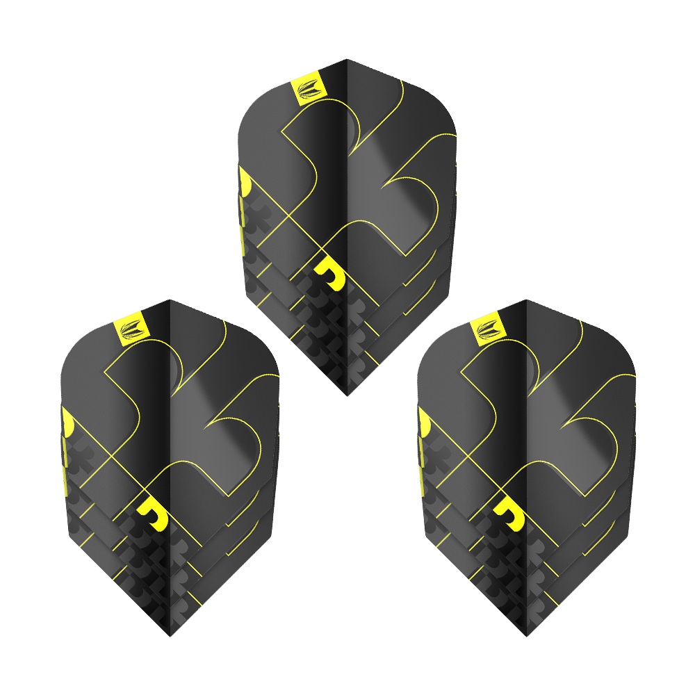 Target ProUltra Bolide Void No6 Flights Das Bild zeigt drei Target ProUltra Bolide Void No6 Flights. Die Flights sind schwarz mit gelben Akzenten und besitzen ein modernes, geometrisches Design.