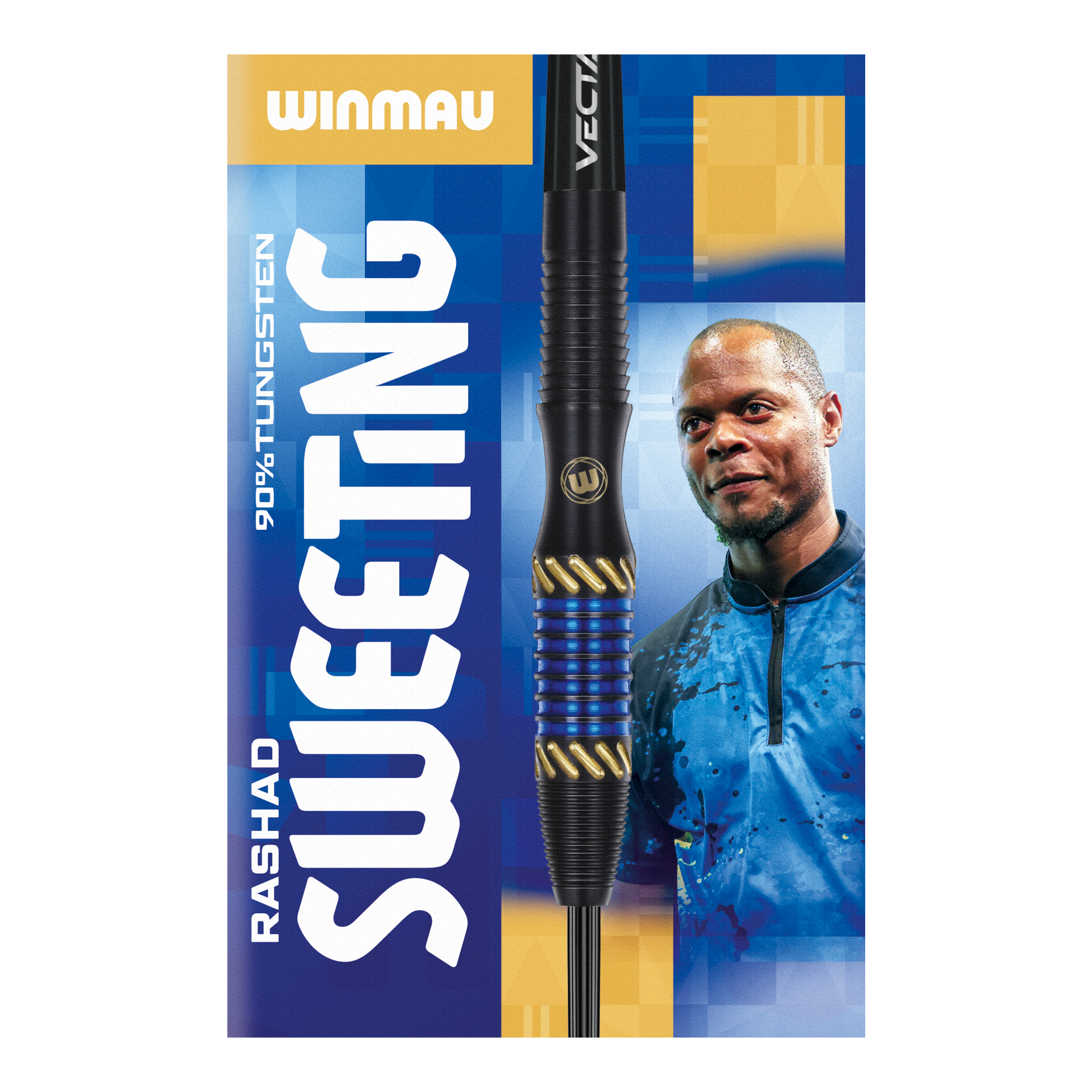 Das Bild zeigt die Verpackung der "Winmau Rashad Sweeting Steeldarts - 24g". In der Mitte ist ein Dartpfeil abgebildet, daneben ist eine Person in einem blauen Outfit zu sehen.