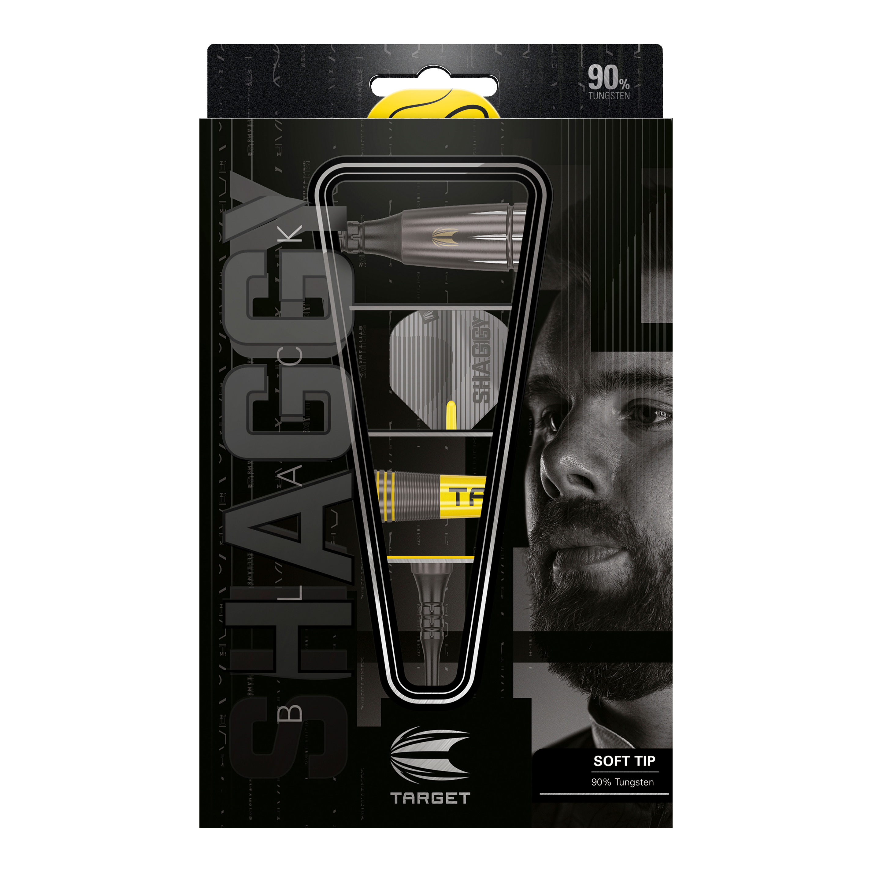 Lotki Target Scott Williams Shaggy Black Soft Darts - 20g Das Bild zeigt die Verpackung der "Target Scott Williams Shaggy Black Softdarts - 20g". Die Darts bestehen zu 90% aus Wolfram und haben eine schwarze und gelbe Optik.