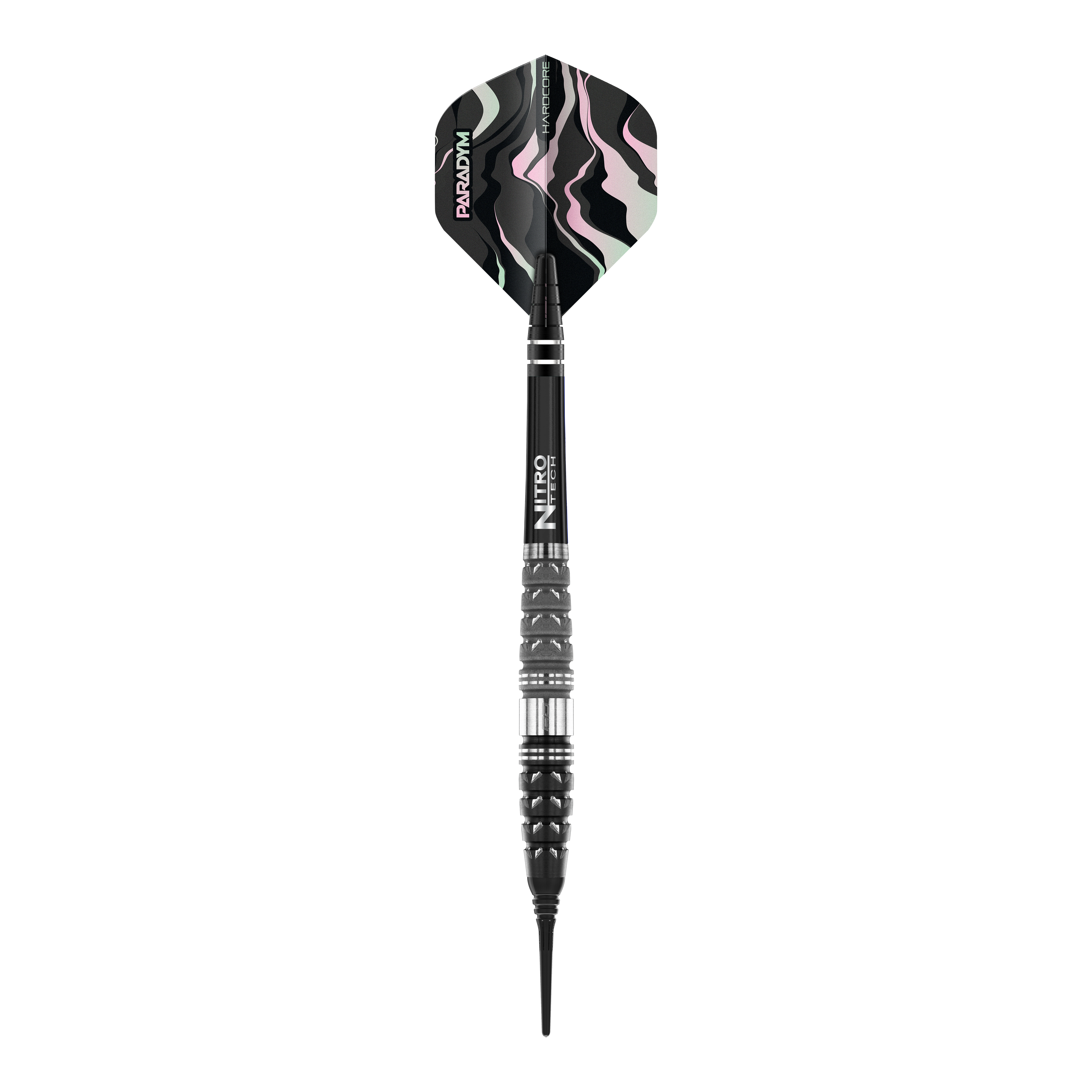 Red Dragon Paradym Torpedo Soft Darts - 20g Das Bild zeigt einen Red Dragon Paradym Torpedo Softdart mit einem Gewicht von 20g. Der Dart hat ein schwarzes Gehäuse mit silbernen Akzenten und ein Muster in dunklen Farben auf dem Flight.