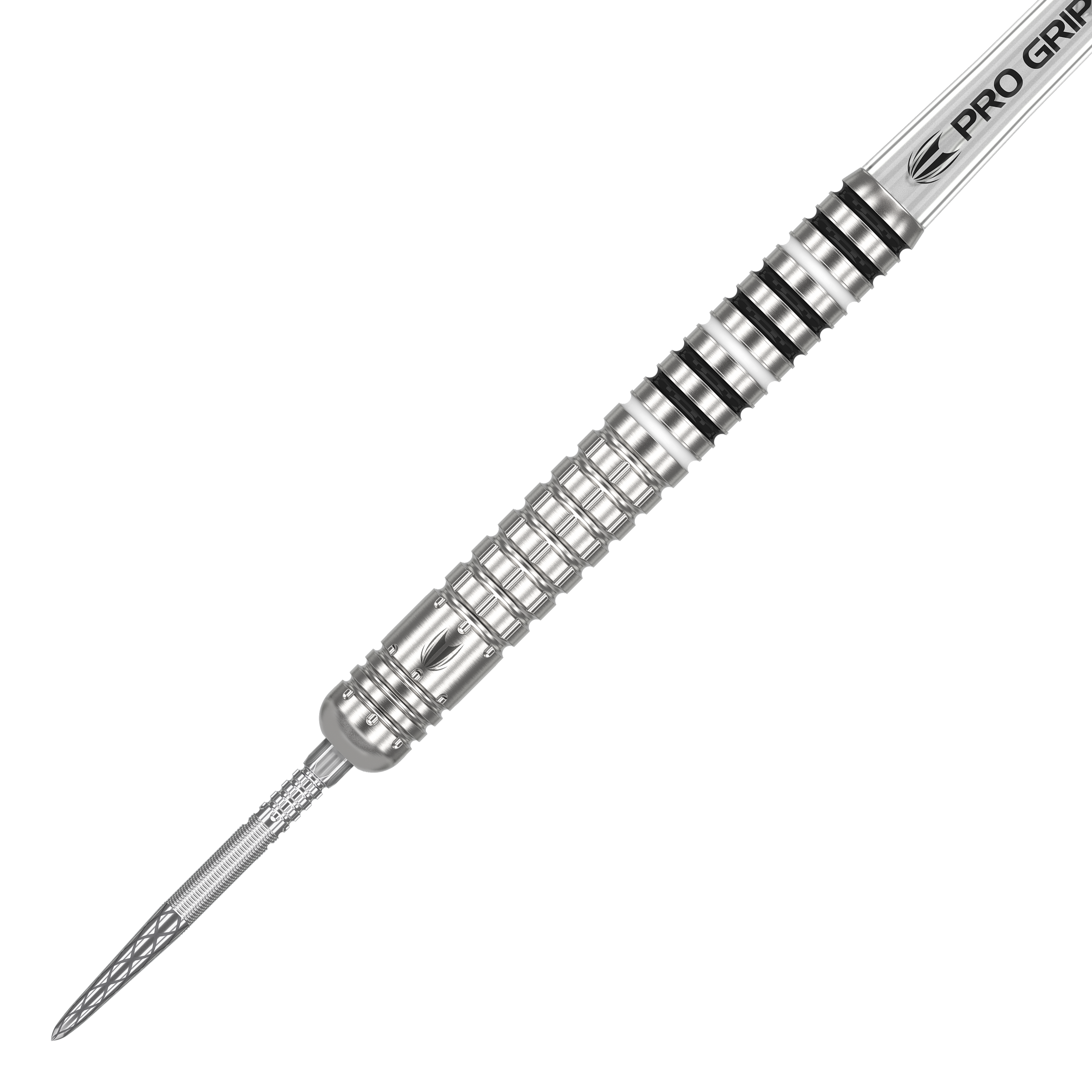 Target Chris Dobey GEN1 Swiss Point Steeldarts Das Bild zeigt einen silbernen Steeldartpfeil mit einem detailreich gearbeiteten Griff. Auf dem Schaft steht "PRO GRIP" und der Pfeil hat mehrere schwarze Ringe als Markierungen.
