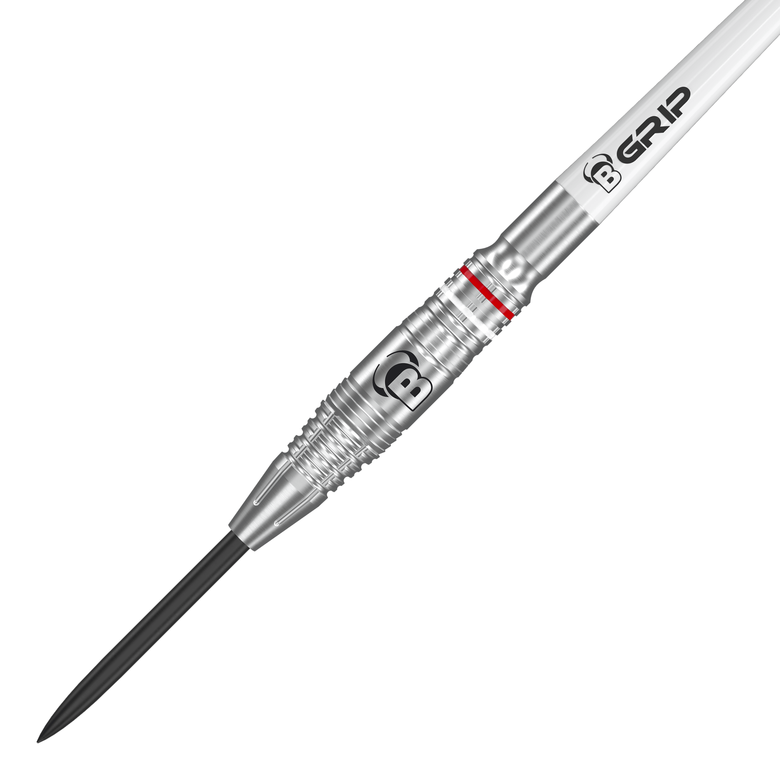 Stalowe lotki Bulls Niko Springer Das Bild zeigt einen Bulls Niko Springer Steeldart. Der Dart ist silberfarben mit einem gezackten Griff und einem schwarzen Spitzenteil.