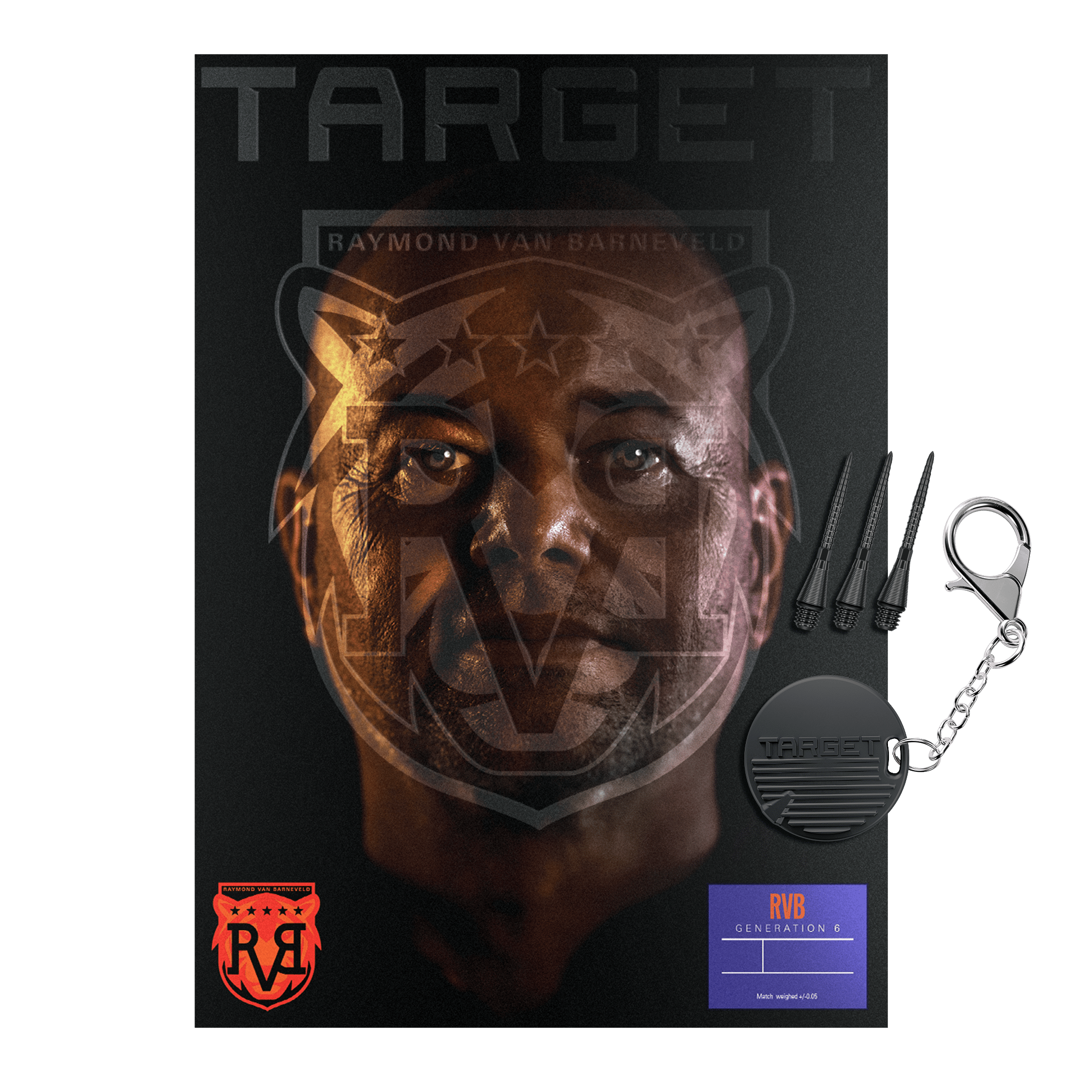 Targetuj w miękkie rzutki Raymond Van Barneveld GEN6 Zu sehen sind die Target Raymond Van Barneveld GEN6 Softdarts. Die Darts werden im Detail von der Seite dargestellt.