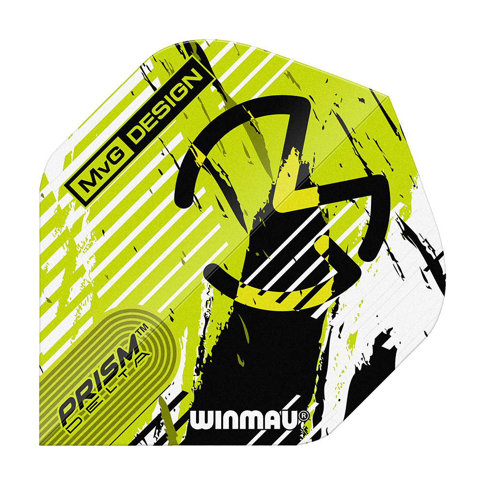 Winmau Delta Michael Van Gerwen Prism 03 Loty standardowe Das Bild zeigt ein Winmau Delta Michael Van Gerwen Prism 03 Standard Flight. Das Design ist in Gelb, Schwarz und Weiß gehalten und trägt die Aufschrift „MvG Design“ sowie „Prism Delta“.