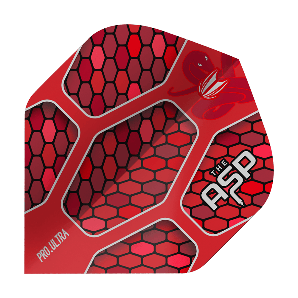 TG387_334450_Target_ProUltra_Nathan_Aspinall_Red_No2_Standard_Flights_1 Das Bild zeigt ein Dartflight mit auffälligem roten Wabenmuster. Auf dem Flight stehen die Wörter „Pro Ultra“ und „The ASP“.