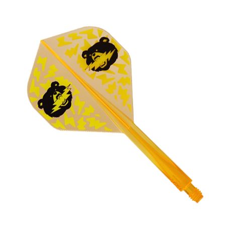 Condor Ax Black Bear Miyu Miyawaki Flight Shaft Neon Orange - Standard Das Bild zeigt einen Dartpfeil-Flug mit einer orangenen Neon-Schafthülse. Auf dem gelben Flight sind zwei Bärenköpfe und gelbe Zickzackmuster abgebildet.