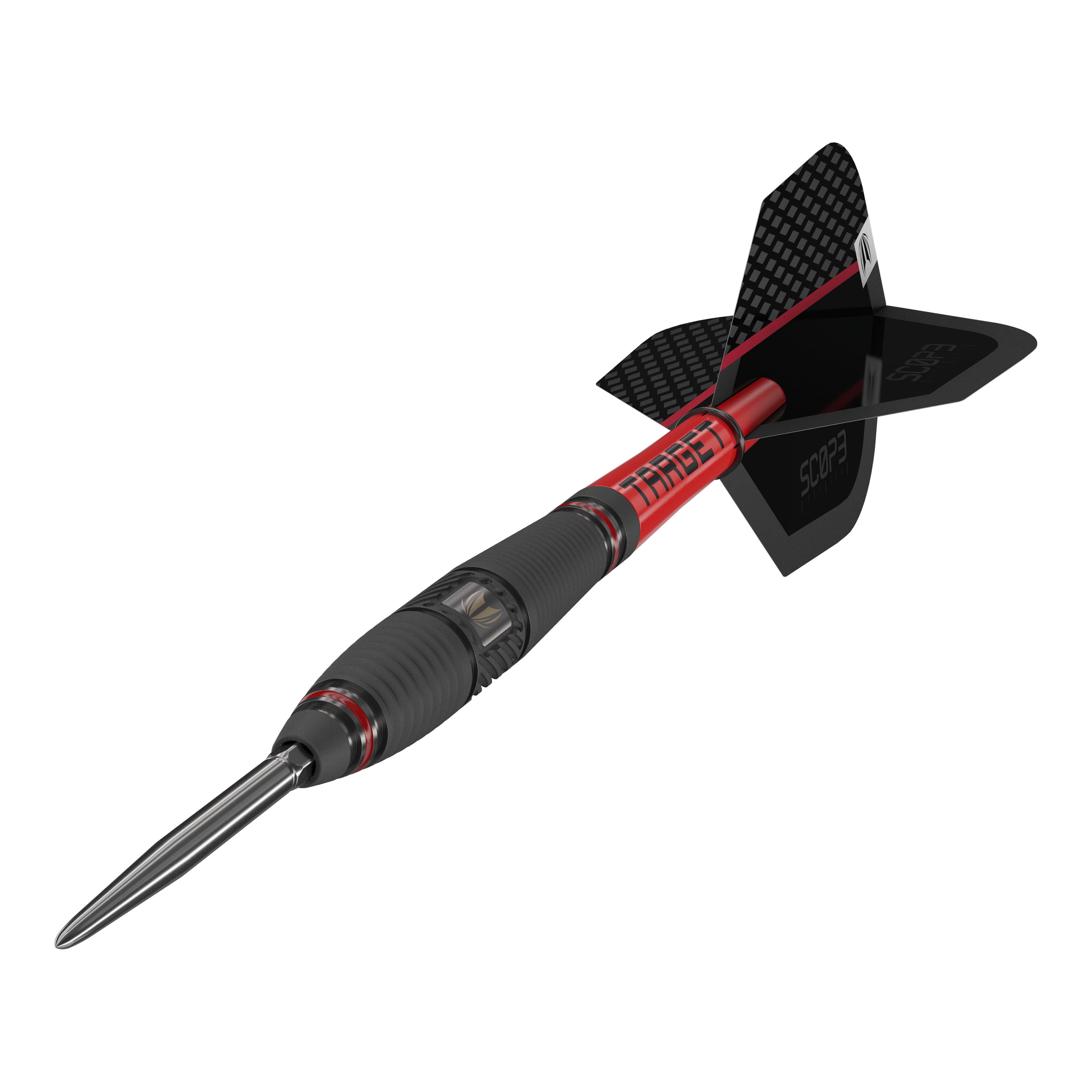 Stalowe lotki Target Scope 03 Swiss Point Das Bild zeigt einen Target Scope 03 Swiss Point Steeldart mit schwarzem und rotem Design. Der Dartpfeil hat eine stabile Stahlspitze und aerodynamische Flügel.