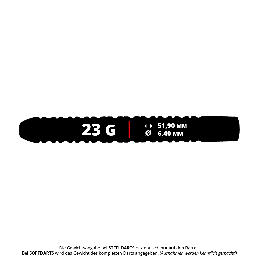 Beczki McDart Ocean Steeldart - 23g Das Bild zeigt ein McDart Ocean Steeldart Barrel mit einem Gewicht von 23 Gramm. Die Länge beträgt 51,90 mm und der Durchmesser 6,40 mm.